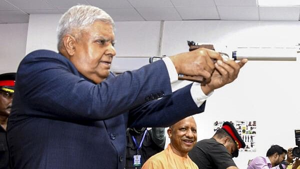 <div class="paragraphs"><p>Vice President Jagdeep Dhankhar and Uttar Pradesh Chief Minister Yogi Adityanath during the inauguration of shooting range at Sainik School, in Gorakhpur, Saturday.&nbsp;</p></div>