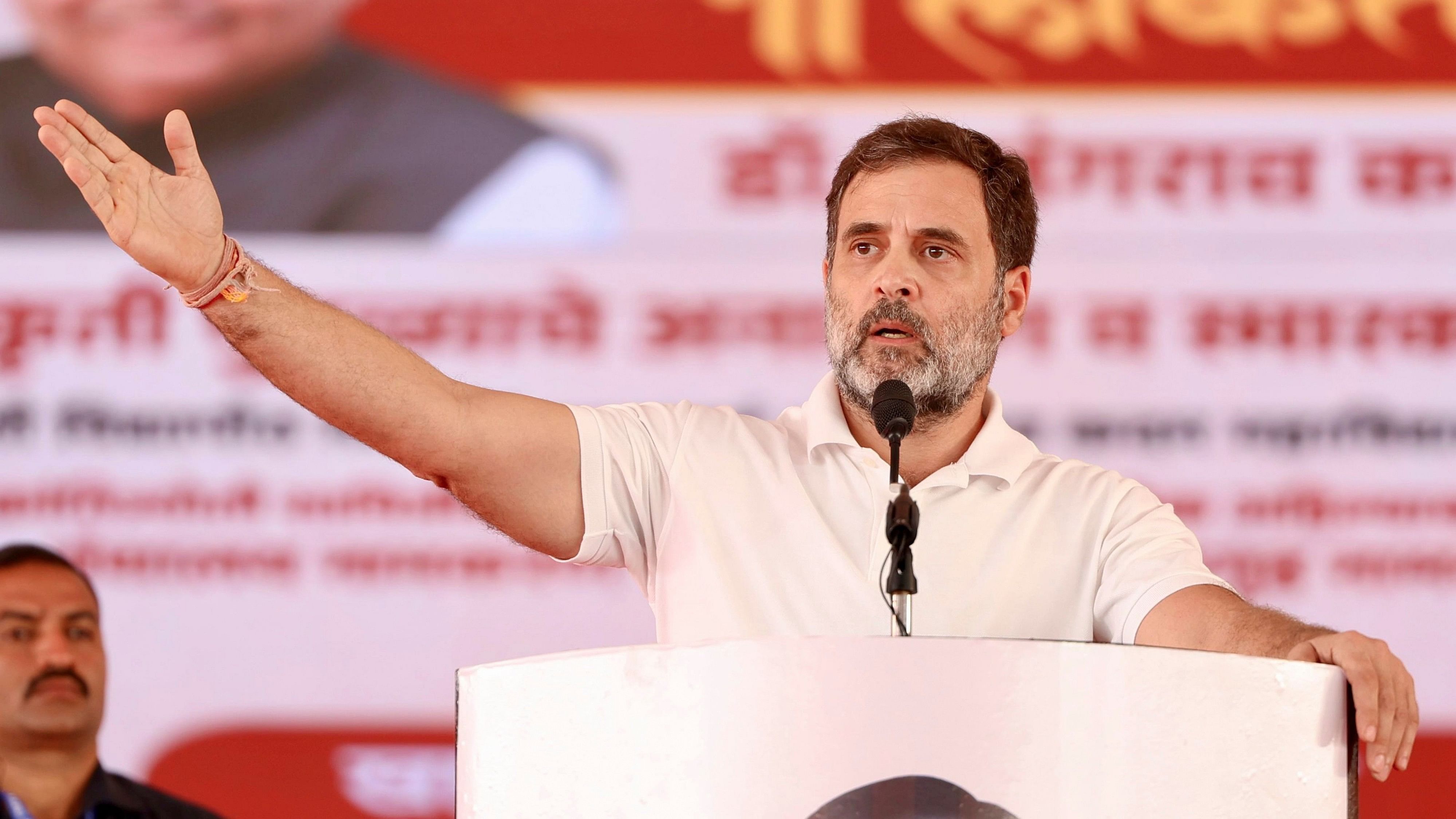 <div class="paragraphs"><p> Congress leader and LoP Lok Sabha Rahul Gandhi addresses a public meeting, in Sangli district, Thursday, Sept. 5, 2024. </p></div>