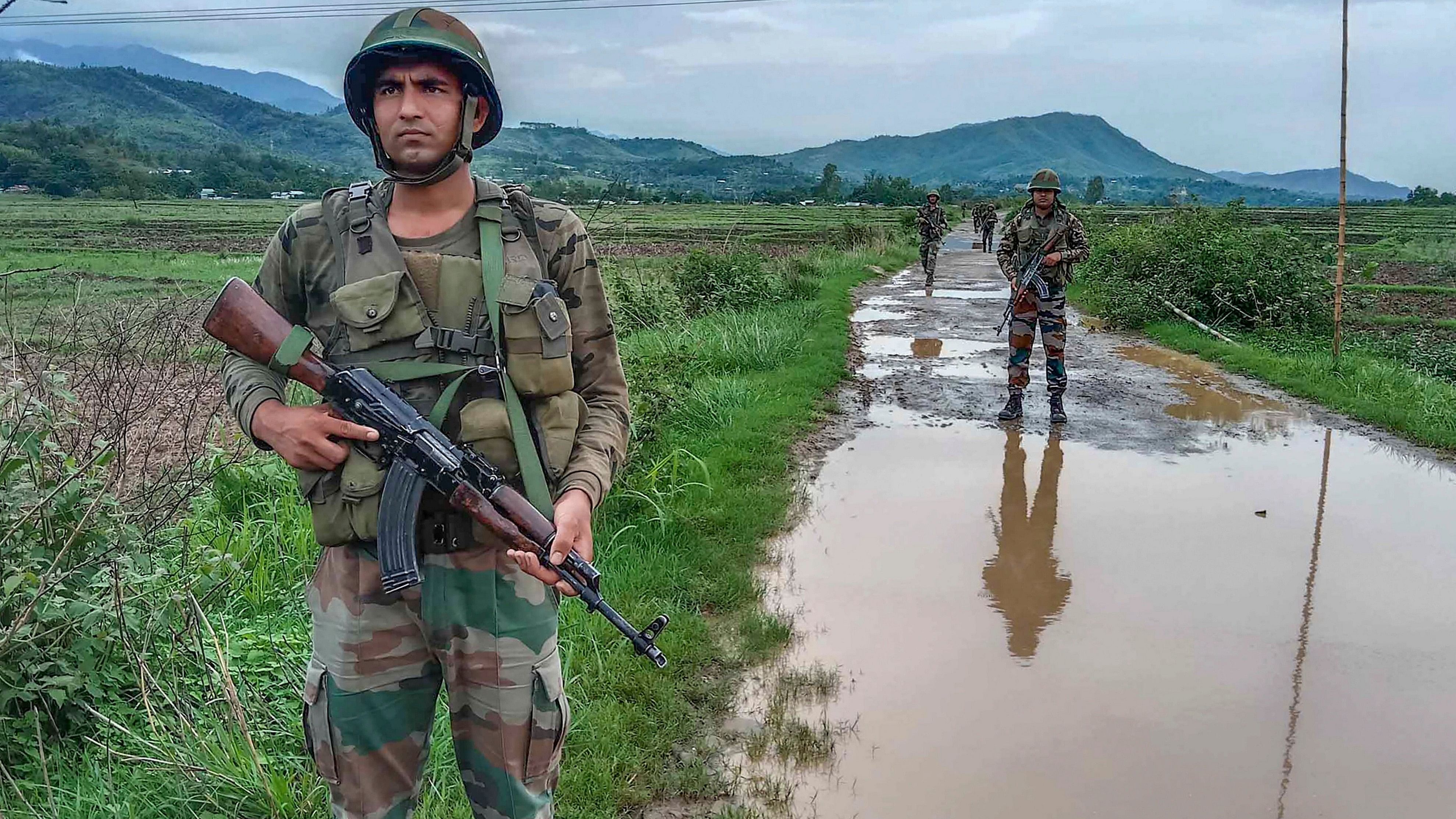 <div class="paragraphs"><p> Army officials patrol in the violence-hit area&nbsp;in Manipur's Jiribam district.</p></div>