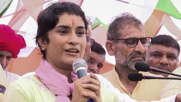 <div class="paragraphs"><p>Congress candidate from Julana seat Vinesh Phogat speaks during a programme, ahead of Haryana Assembly elections, at Bakta Khera village in Jind district, Sunday, Sept. 8, 2024</p></div>