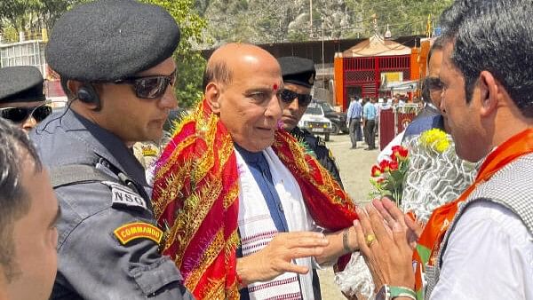 <div class="paragraphs"><p>Union Defence Minister and BJP leader Rajnath Singh being welcomed on his arrival for a public rally for J&amp;K Assembly elections, in Ramban, Sunday, Sept. 8, 2024. </p></div>