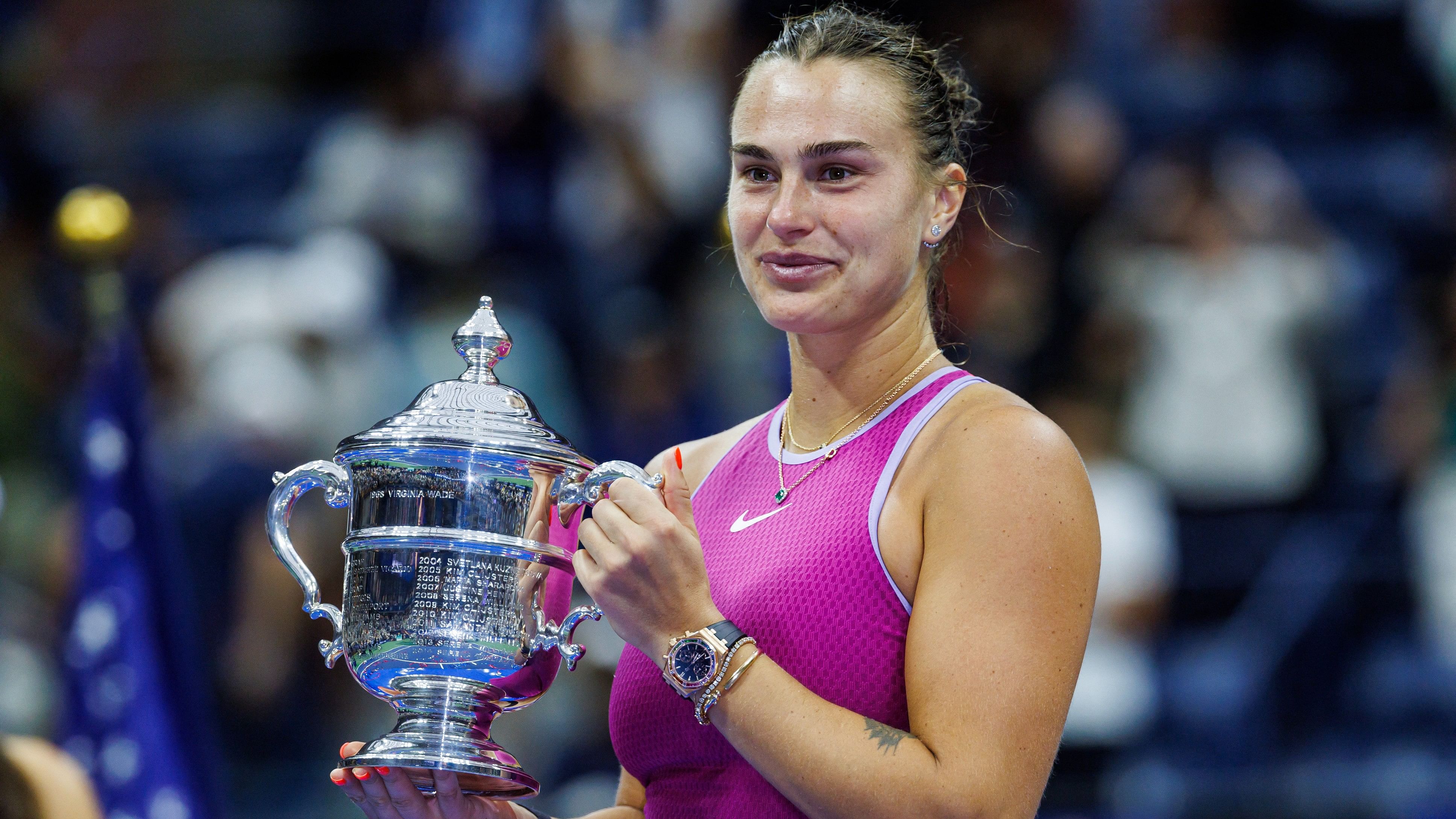 <div class="paragraphs"><p>Aryna Sabalenka of Belarus poses with her trophy after the final of the women’s singles on day thirteen of the US Open tennis tournament</p></div>