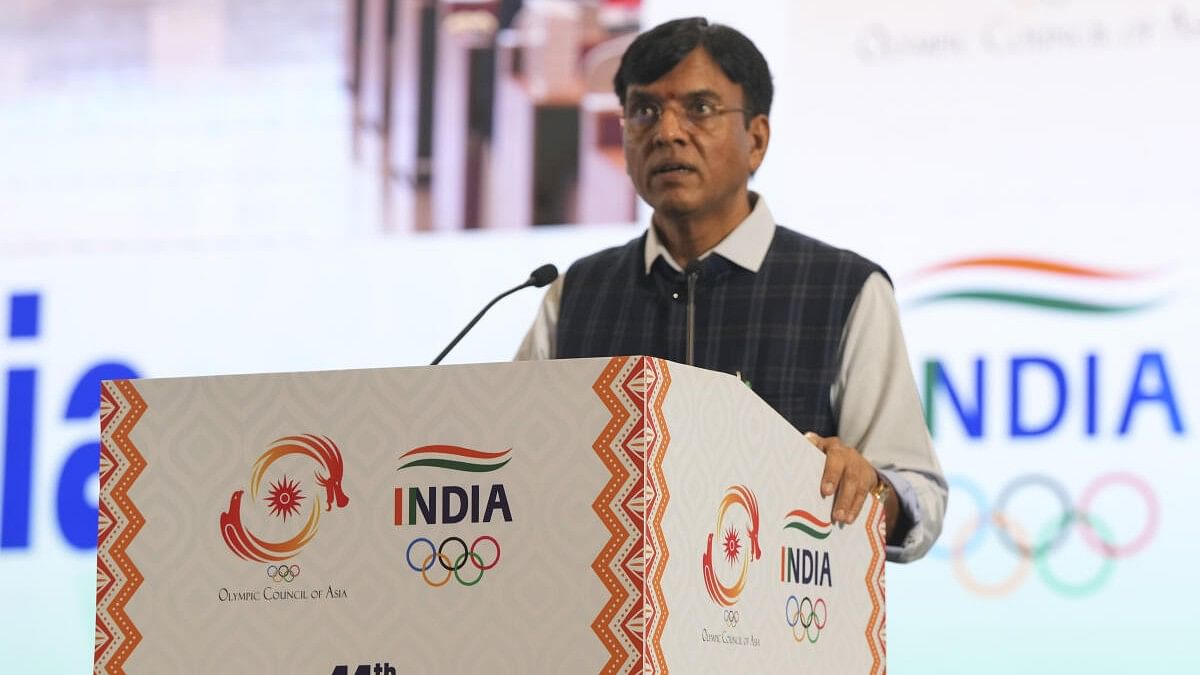 <div class="paragraphs"><p>Union Sports Minister Mansukh Mandaviya addresses at the 44th Olympic Council of Asia (OCA) General Assembly, in New Delhi, Sunday, Sept. 8, 2024. </p></div>