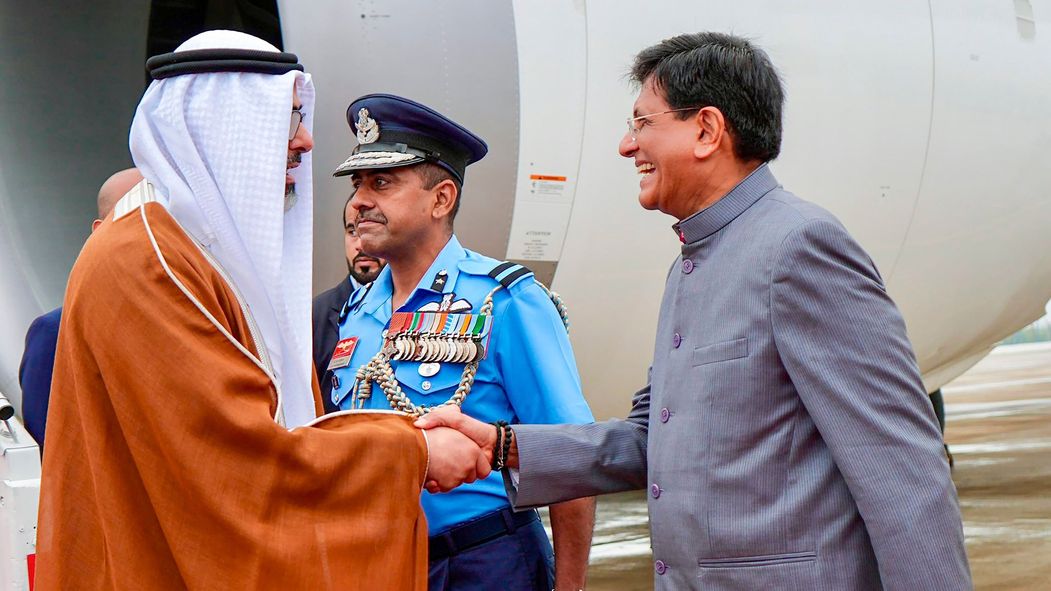 <div class="paragraphs"><p> Union Minister Piyush Goyal receives Crown Prince of Abu Dhabi Sheikh Khaled bin Mohamed bin Zayed Al Nahyan upon his arrival in New Delhi, Sunday, Sept. 8, 2024. </p></div>