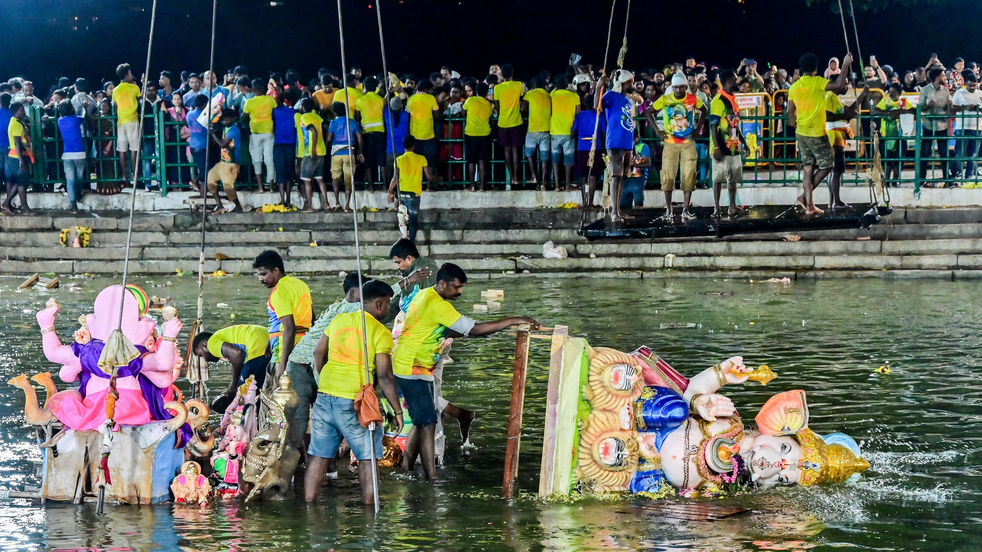 <div class="paragraphs"><p>Idol immersion at Halasuru lake on Monday.&nbsp;</p></div>