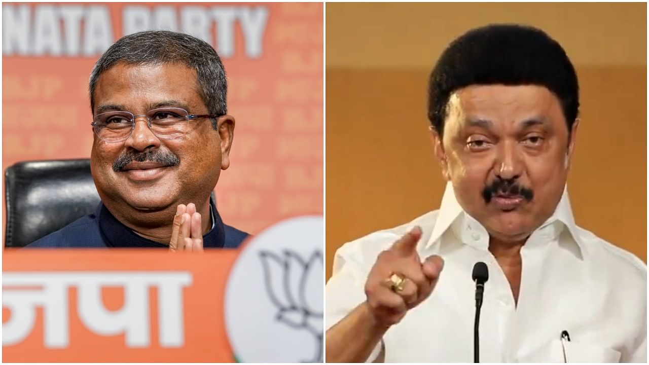 <div class="paragraphs"><p>Dharmendra Pradhan (left) and M K Stalin.&nbsp;</p></div>