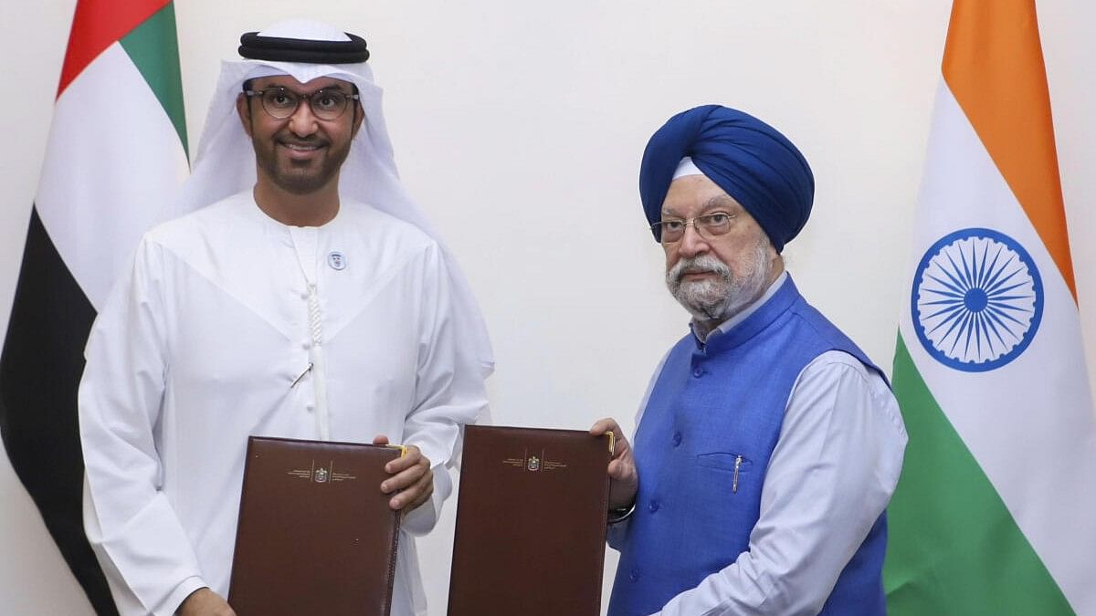 <div class="paragraphs"><p>Union Minister of Petroleum and Natural Gas Hardeep Singh Puri during a meeting with UAE Minister of industry and advanced technology Sultan Ahmed Al Jaber in New Delhi.</p></div>