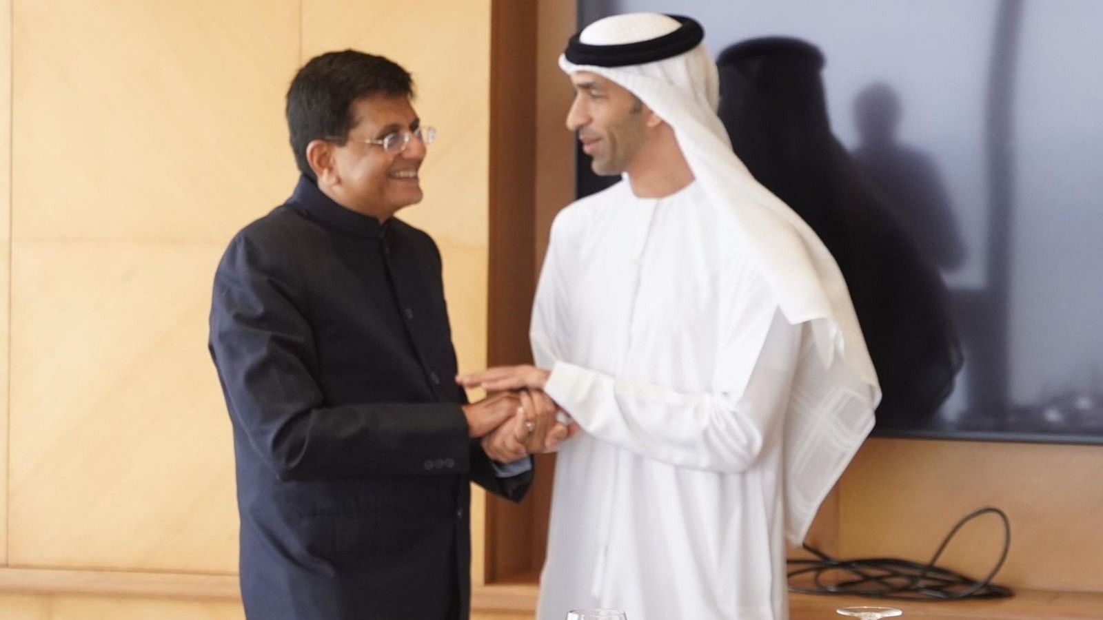 <div class="paragraphs"><p>Union Commerce and Industry Minister Piyush Goyal with UAE Minister of State for Foreign Trade, Thani Al Zeyoudi.</p></div>