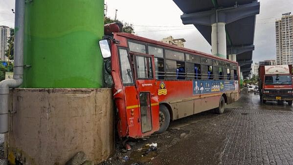 <div class="paragraphs"><p>A Maharashtra State Road Transport Board (MSRTC) bus after it hit a metro pole as the driver lost control, at Ovala in Thane.&nbsp;</p></div>