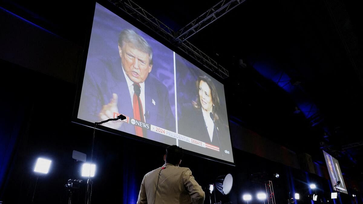 <div class="paragraphs"><p>A screen displays the presidential debate hosted by ABC between Republican presidential nominee, former US President Donald Trump and Democratic presidential nominee, US Vice President Kamala Harris in Philadelphia, US.</p></div>