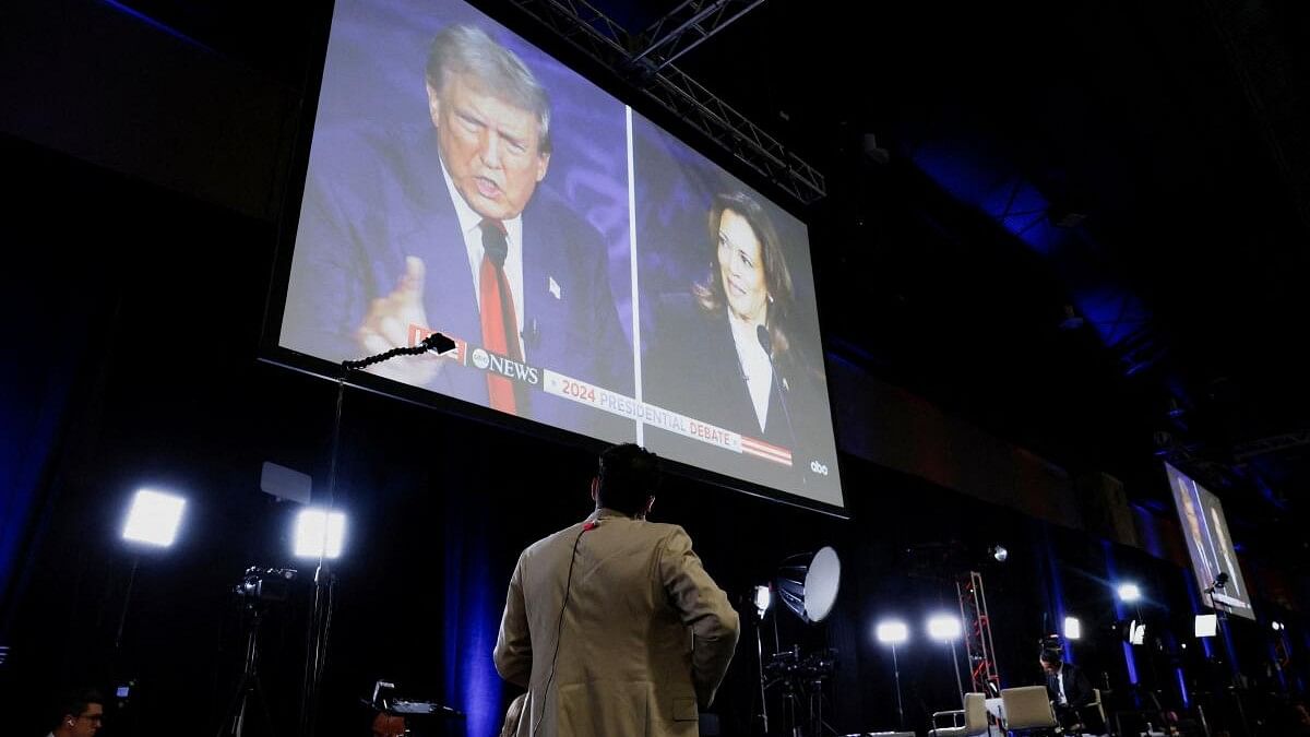 <div class="paragraphs"><p>A screen displays the presidential debate hosted by ABC between Republican presidential nominee, former US President Donald Trump and Democratic presidential nominee, US Vice President Kamala Harris in Philadelphia, Pennsylvania, US.</p></div>