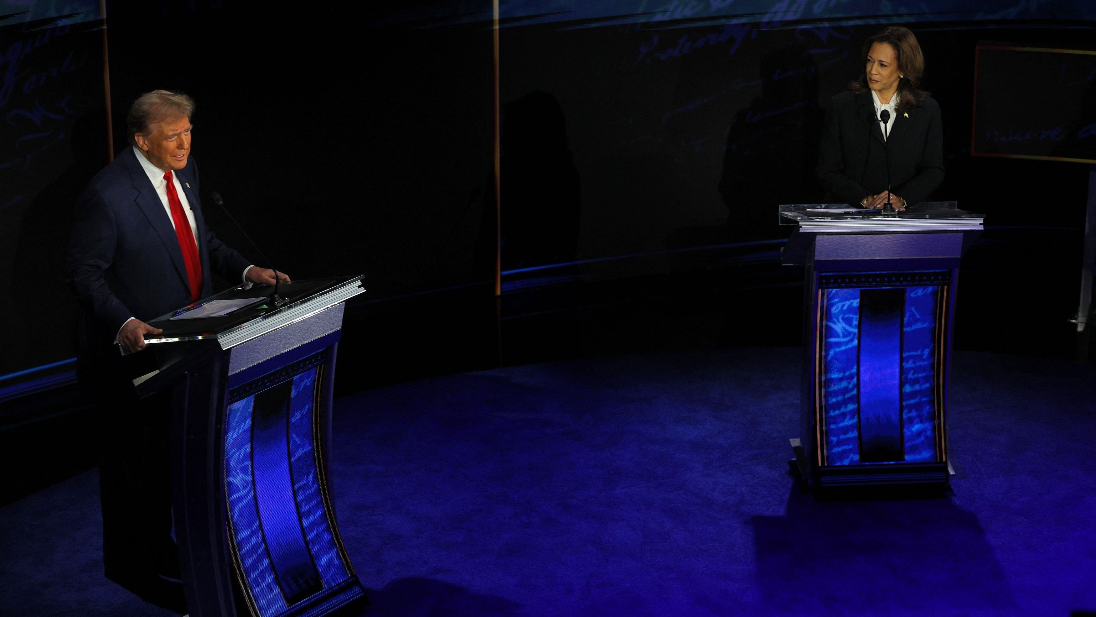 <div class="paragraphs"><p>Republican presidential nominee, former U.S. President Donald Trump speaks as Democratic presidential nominee, U.S. Vice President Kamala Harris listens as they attend a presidential debate hosted by ABC in Philadelphia, Pennsylvania, U.S., September 10, </p></div>