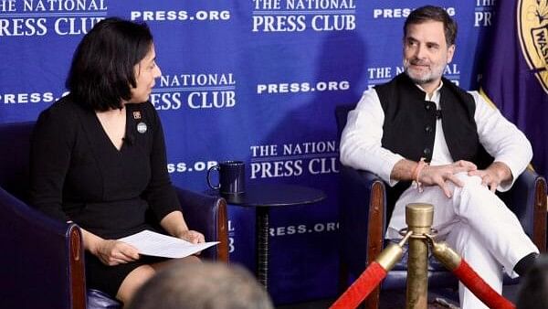 <div class="paragraphs"><p>LoP in Lok Sabha and Congress MP Rahul Gandhi during an interaction with the media at the National Press Club, in Washington DC, USA, Wednesday, Sept 11, 2024.</p></div>