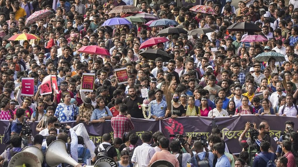 <div class="paragraphs"><p> Junior doctors march towards Swasthya Bhawan during a protest over RG Kar Hospital rape and murder incident, in Kolkata, Tuesday.&nbsp;</p></div>