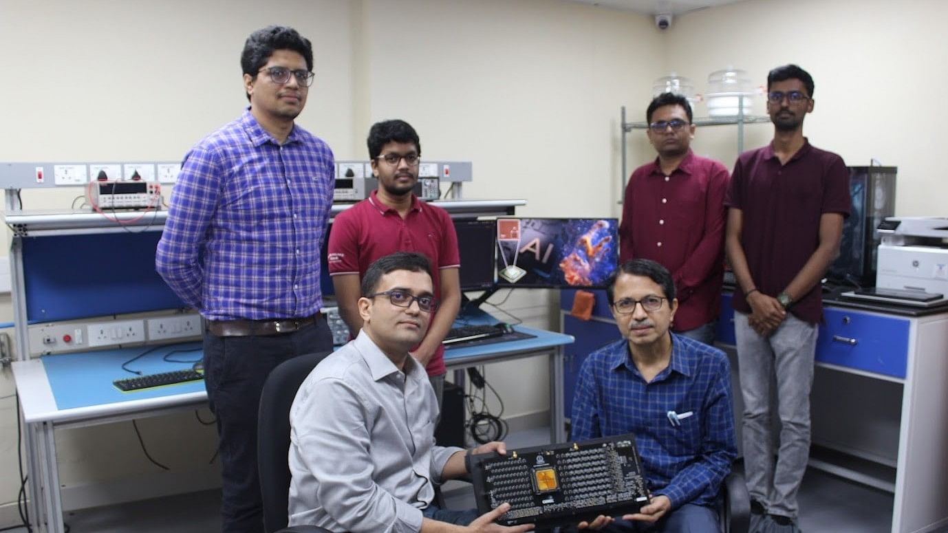 <div class="paragraphs"><p>Prof Sreetosh Goswami (seated left), the Prinicipal Investigator, and Prof Navkanta Bhat, who headed the circuits and systems design for the project.</p><p>Others (standing, from left) in the picture are, Deepak Sharma, who performed the circuit and system design and electrical characterisations; Bidyabhusan Kundu, who tackled the mathematical modelling; Santi Prasad Rath, who handled the synthesis and fabrication; and, Harivignesh S, who crafted bio-inspired neuronal response behaviour.</p></div>