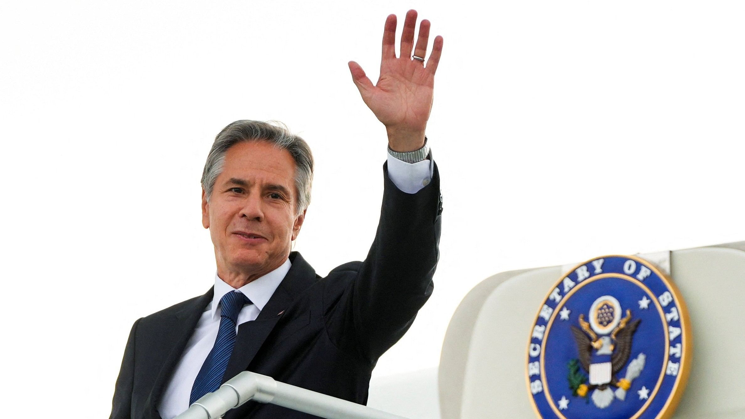 <div class="paragraphs"><p>US Secretary of State, Antony Blinken waves as he boards his plane at the Chopin Airport in Warsaw, Poland, Thursday</p></div>