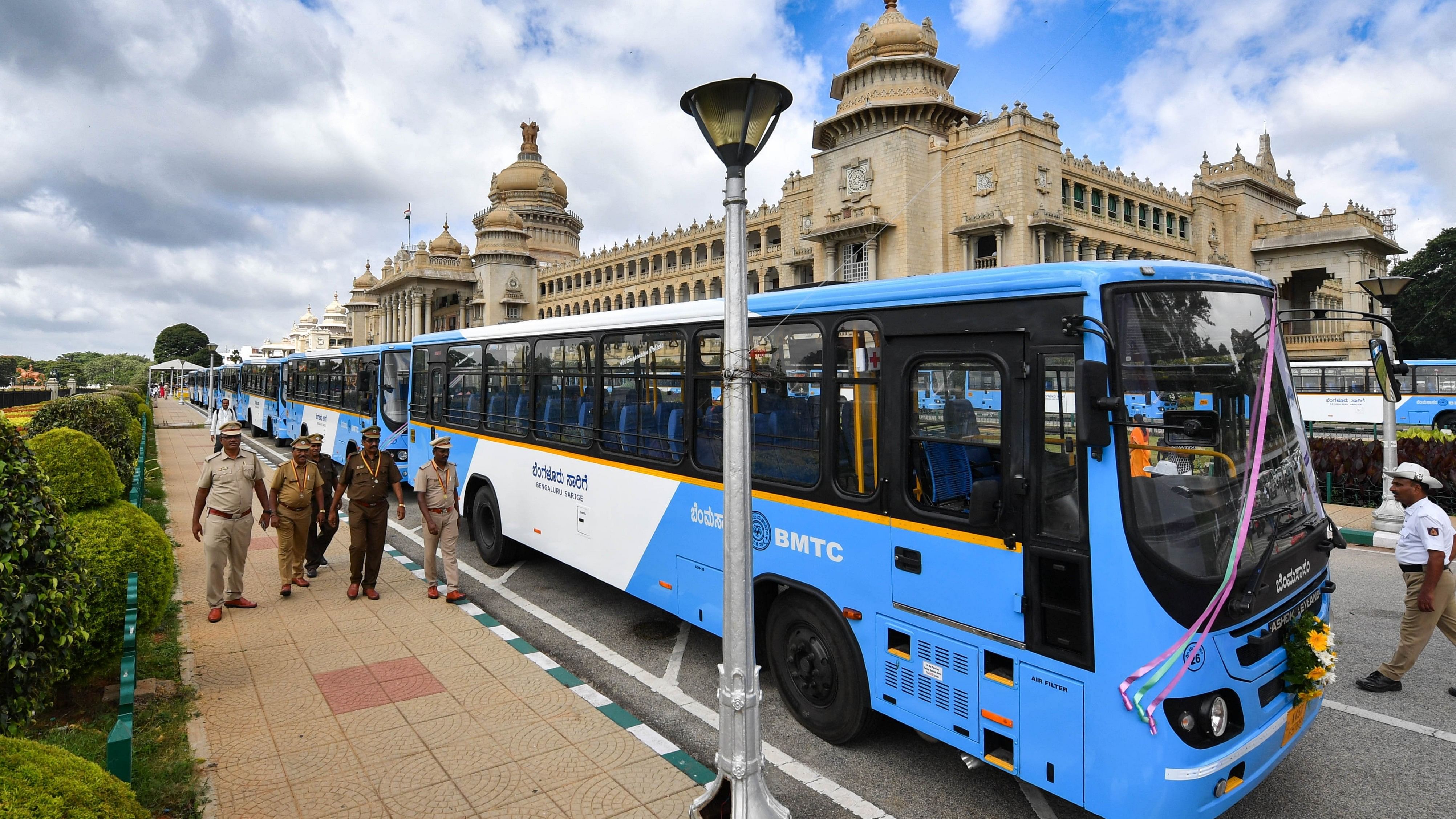 <div class="paragraphs"><p>The new diesel non-AC buses lined up outside the Vidhana Soudha on Thursday. </p></div>