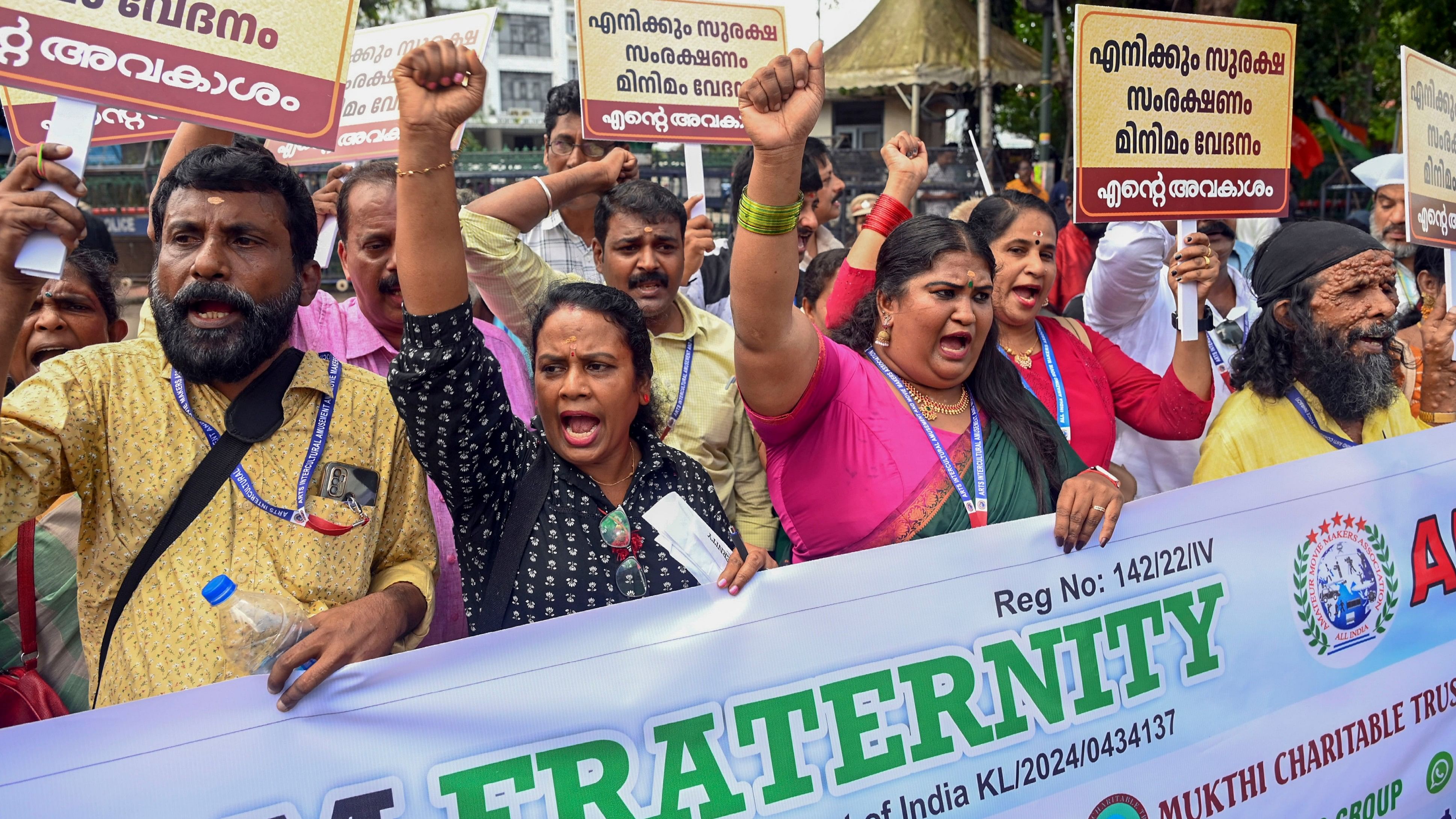 <div class="paragraphs"><p>Members of Malayalam film fraternity and Association of Malayalam Movie Artists (AMMA) stage a protest march to the Secretariat demanding fair wages, safety and security at the workplace in the wake of the recent Hema Committee report, in Thiruvananthapuram, Wednesday, Sept. 4, 2024. </p></div>