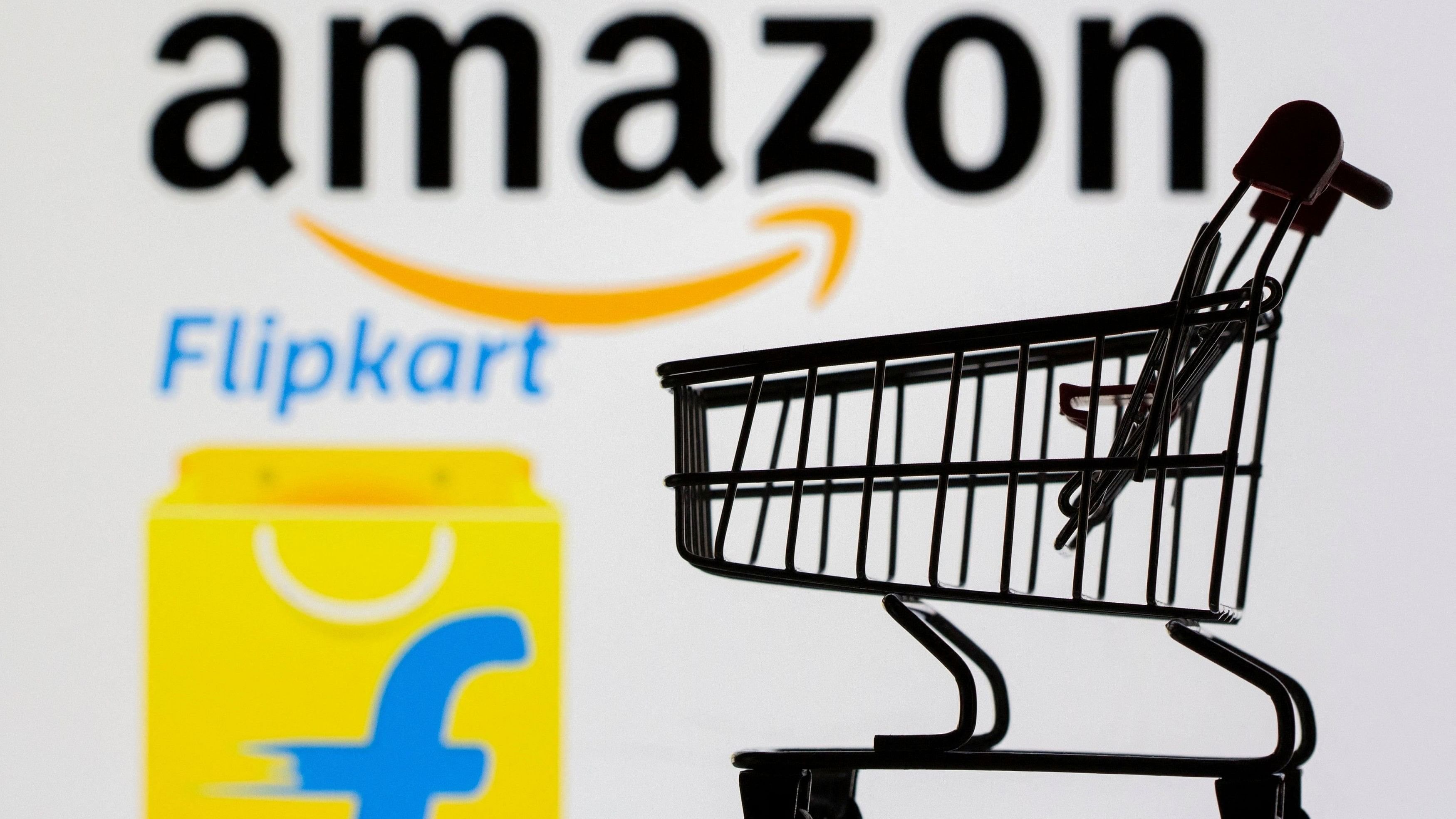 <div class="paragraphs"><p>Small toy shopping cart is seen in front of displayed Amazon and Flipkart logos</p></div>