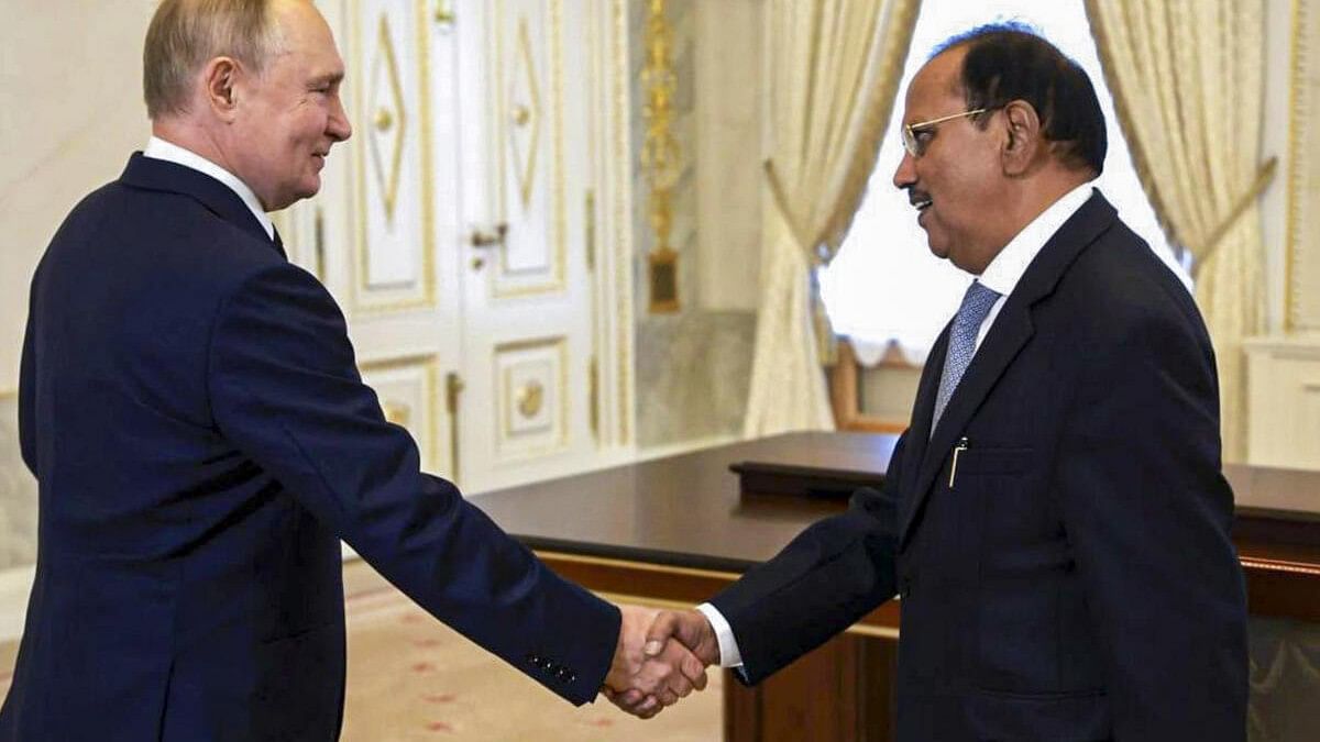 <div class="paragraphs"><p>National Security Advisor Ajit Doval during a meeting with Russian President Vladimir Putin at the Konstantinovsky Palace, in St. Petersburg, Russia.</p></div>