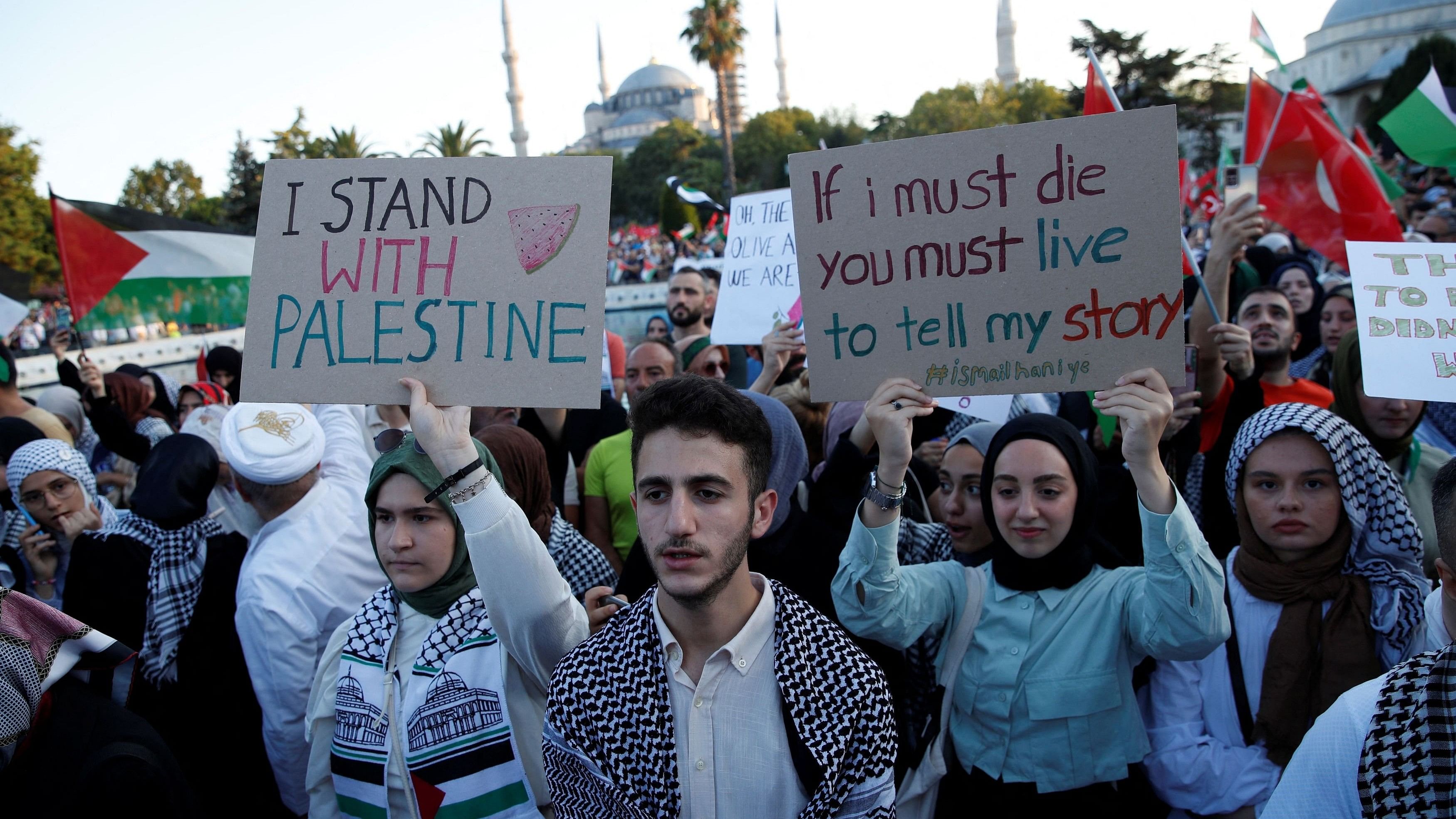 <div class="paragraphs"><p>Pro-Palestinian demonstrators take part in a protest condemning the killing of Hamas leader Ismail Haniyeh, in Istanbul, Turkey, August 3, 2024. </p></div>