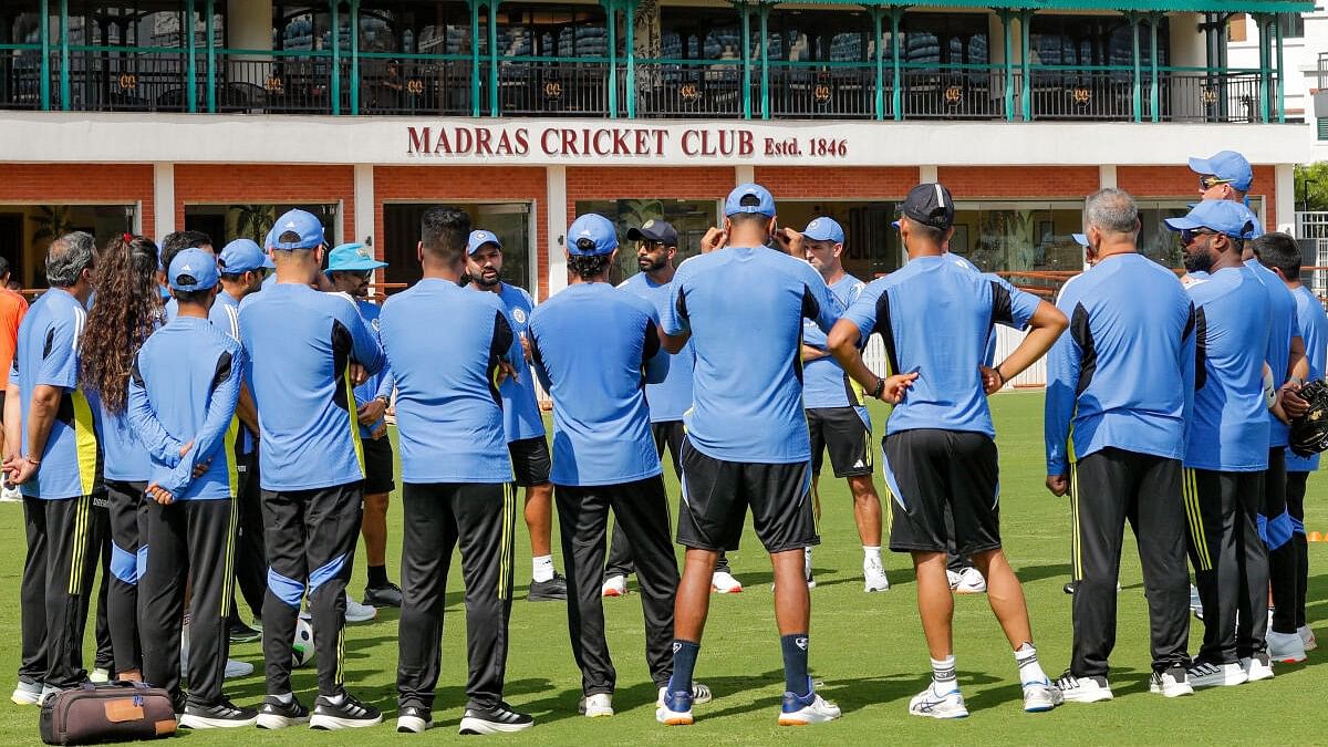 <div class="paragraphs"><p>Indian cricket team captain Rohit Sharma with teammates during a training session ahead of the first Test match against Bangladesh.</p></div>