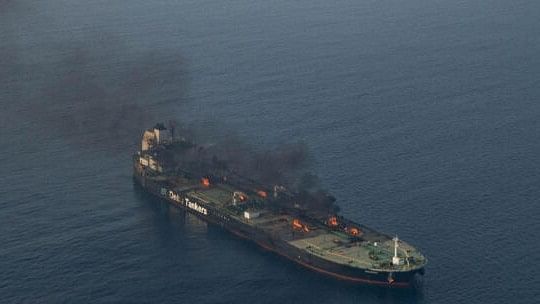 <div class="paragraphs"><p>Flames and smoke rise from the Greek-flagged oil tanker Sounion, which has been on fire since August 23, after an attack by Houthi militants, on the Red Sea, September 14, 2024</p></div>