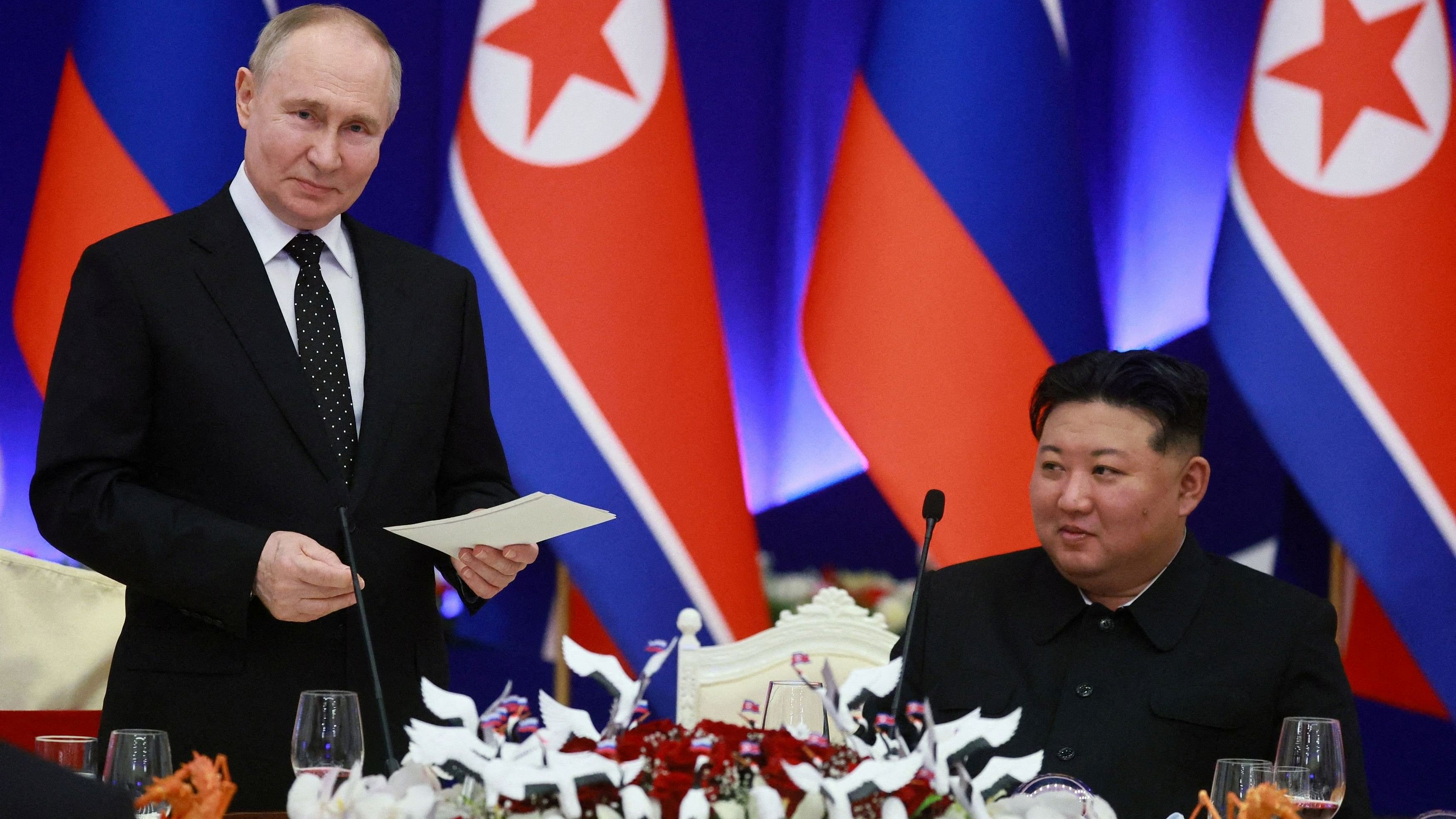 <div class="paragraphs"><p>Russia's President Vladimir Putin and North Korea's leader Kim Jong Un attend a state reception in Pyongyang, North Korea June 19, 2024. </p></div>