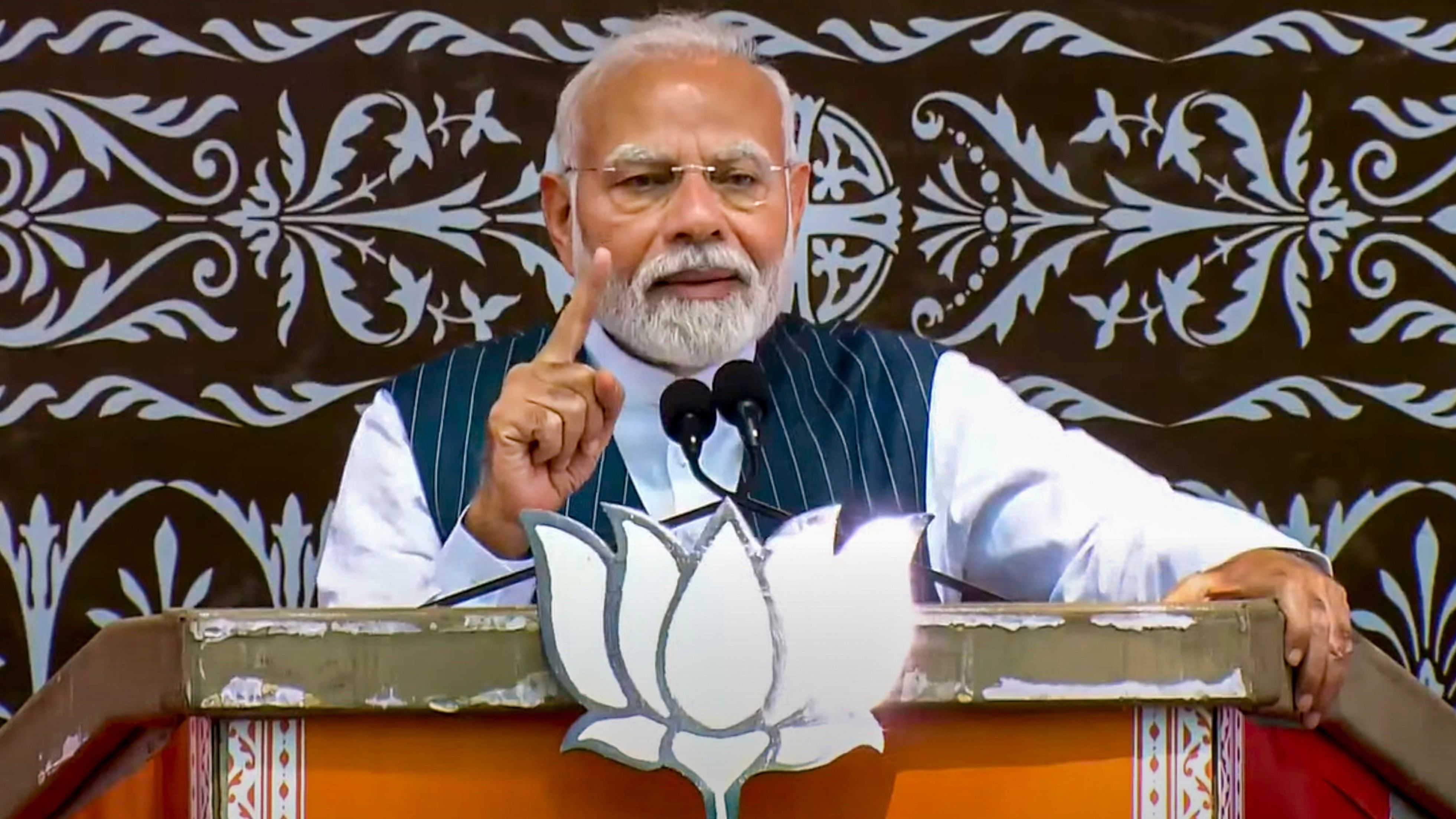 <div class="paragraphs"><p>Prime Minister Narendra Modi addresses a public meeting ahead of the upcoming Jammu and Kashmir Assembly elections, in Doda district.</p></div>