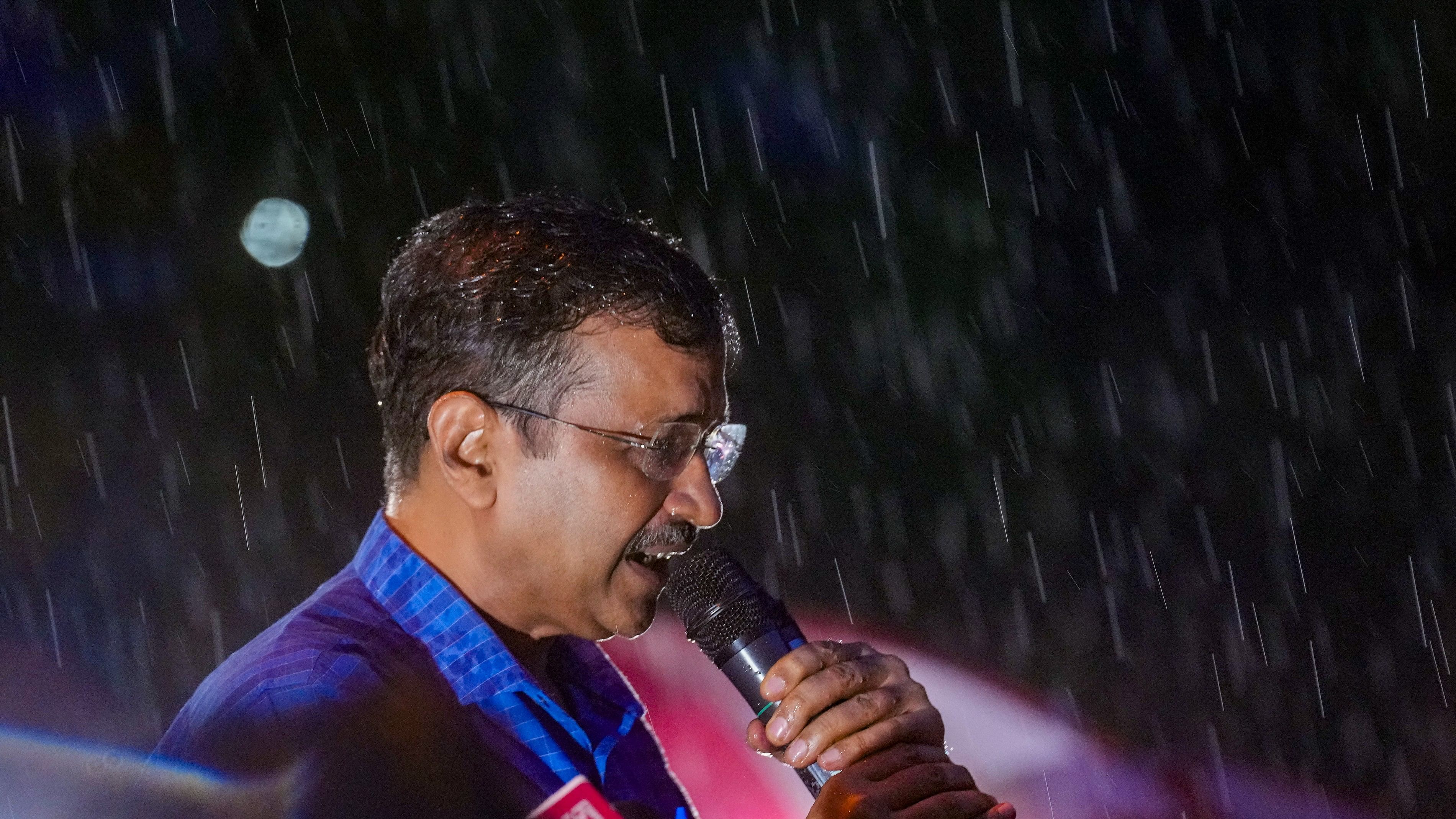 <div class="paragraphs"><p>Delhi Chief Minister Arvind Kejriwal addresses supporters amid rainfall after walking out of the Tihar Jail, in New Delhi, Friday, Sept. 13, 2024.</p></div>