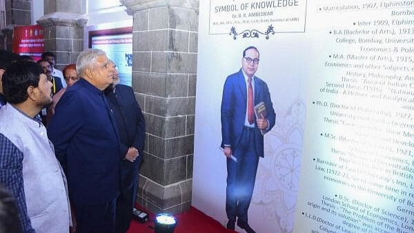 <div class="paragraphs"><p>Vice President Jagdeep Dhankhar during the inauguration of the Samvidhan Mandir at Elphinstone Technical High School &amp; Jr. College in Mumbai.</p></div>