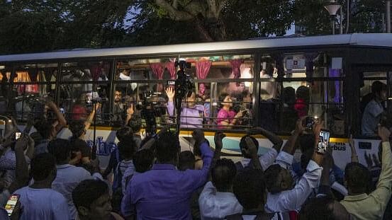 <div class="paragraphs"><p>A delegation of junior doctors leaves in a bus from their dharna site near Swasthya Bhawan for a meeting with West Bengal Chief Minister Mamata Banerjee at her Kalighat residence, in Kolkata</p></div>