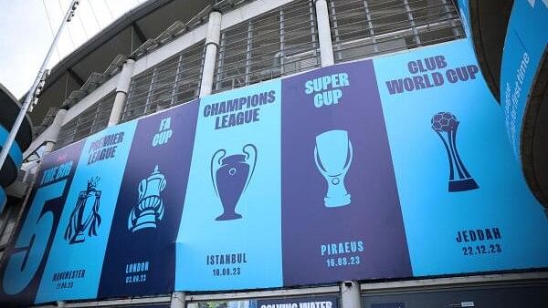 <div class="paragraphs"><p>General view of an image of the trophies Manchester City have won outside the stadium before a match.&nbsp;</p></div>