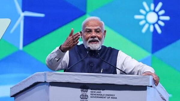 <div class="paragraphs"><p>Indian Prime Minister Narendra Modi speaks during the inaugural ceremony of the 4th Global Renewable Energy Investors Meet and Expo at the Mahatma Mandir in Gandhinagar.&nbsp;</p></div>