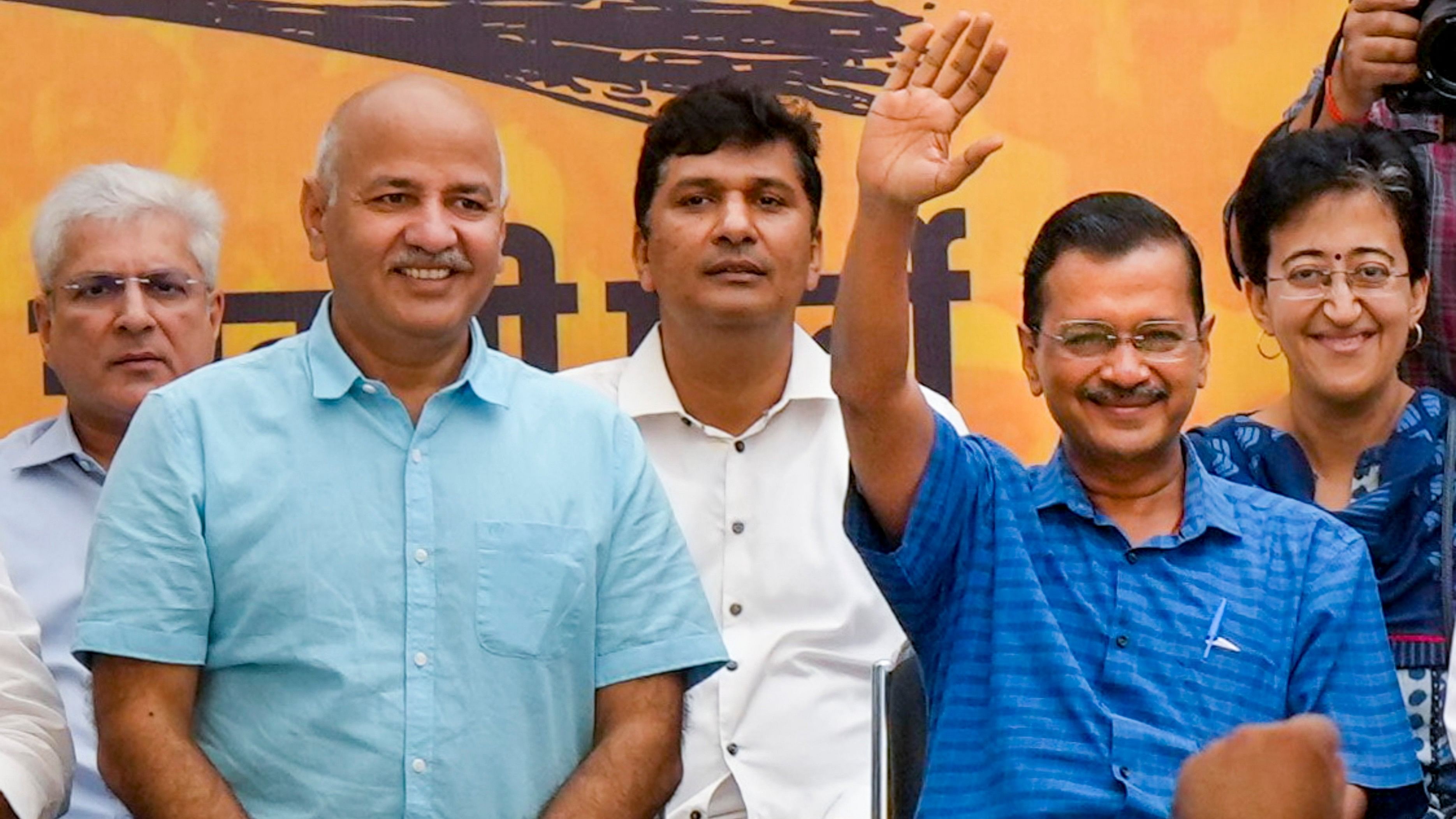 <div class="paragraphs"><p>Delhi Chief Minister Arvind Kejriwal with former deputy chief minister Manish Sisodia and Delhi ministers Kailash Gahlot, Saurabh Bharadwaj and Atishi during AAP workers' meeting, in New Delhi, Sunday, Sept. 15, 2024. </p></div>