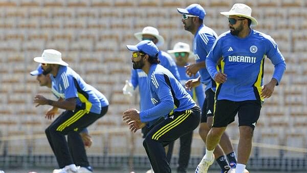 <div class="paragraphs"><p>Indian cricket team captain Rohit Sharma with teammate Ravindra Jadeja during a training session ahead of the first Test match against Bangladesh, at MA Chidambaram Stadium, in Chennai, Monday, Sept. 16, 2024. </p></div>