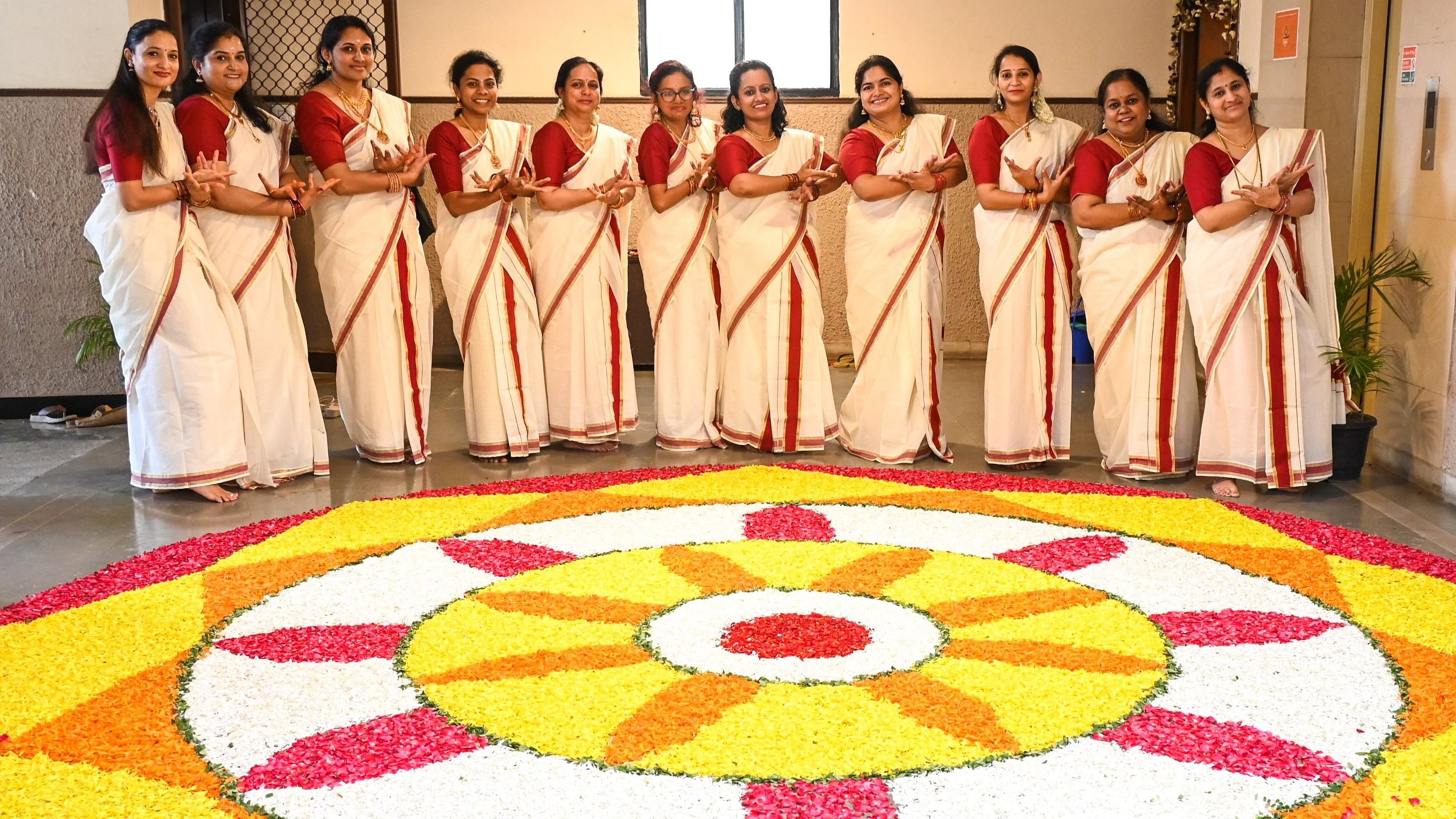 <div class="paragraphs"><p>Women dressed in the traditional Kerala dress perform 'Thiruvathirakkali' as part of the Onam celebrations at an apartment in Kasturinagar. </p></div>