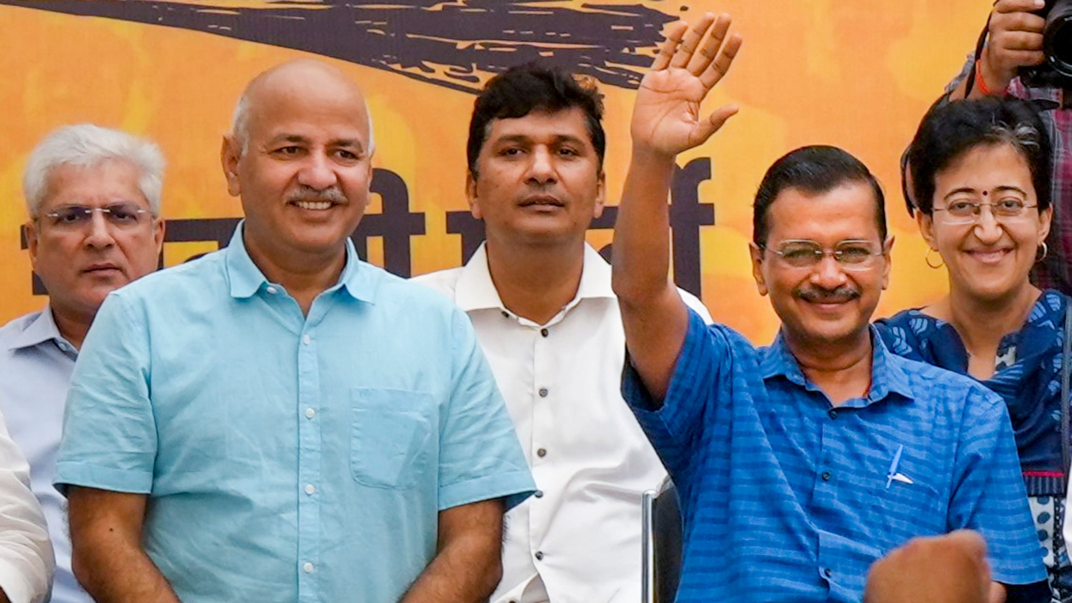 <div class="paragraphs"><p>Delhi Chief Minister Arvind Kejriwal with former deputy chief minister Manish Sisodia and Delhi ministers Kailash Gahlot, Saurabh Bharadwaj and Atishi </p></div>