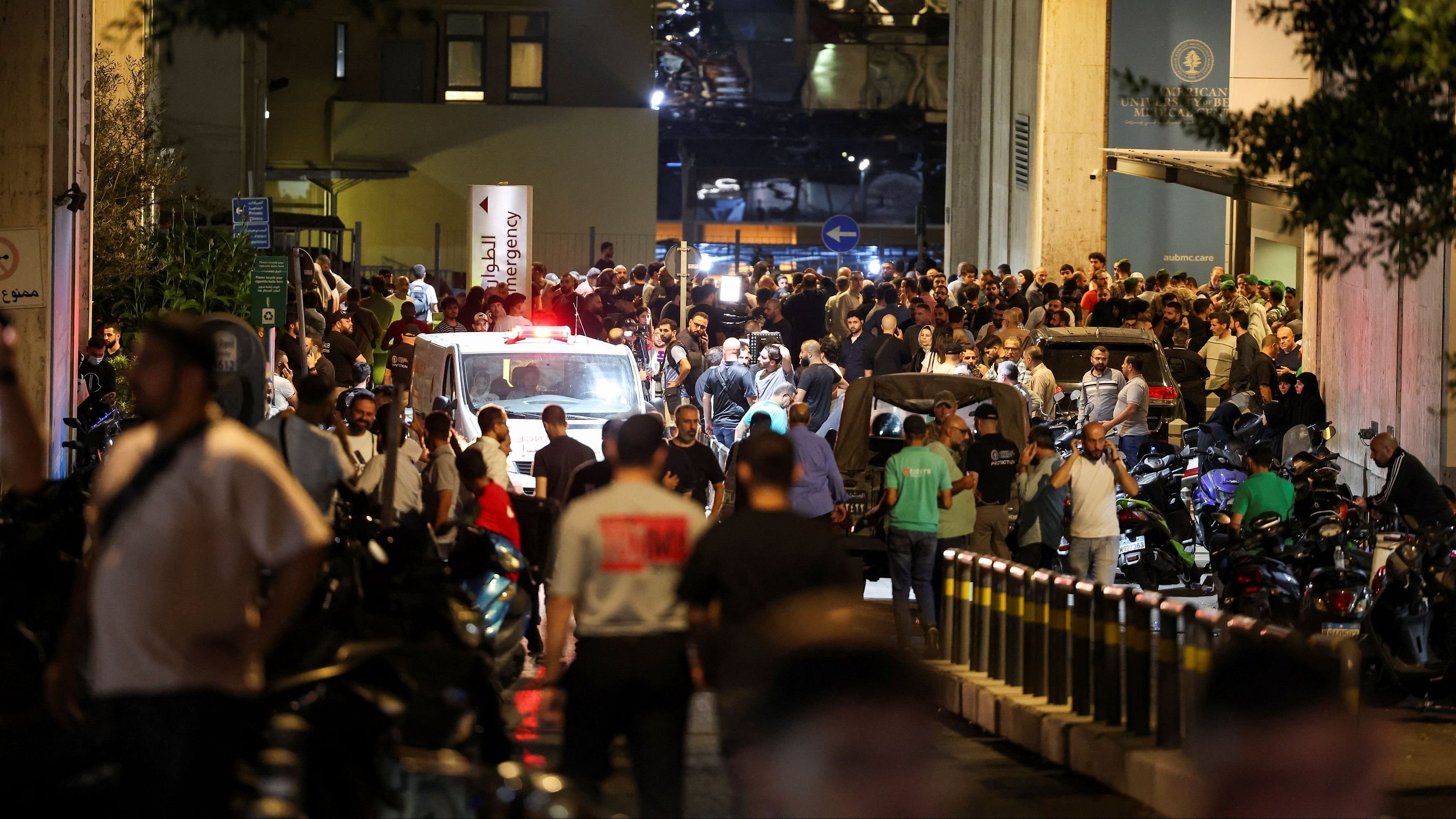 <div class="paragraphs"><p>People gather outside American University of Beirut Medical Center  as more than 1,000 people, including Hezbollah fighters and medics, were wounded when the pagers they use to communicate exploded across Lebanon, according to a security source, in Beirut, Lebanon September 17, 2024. </p></div>