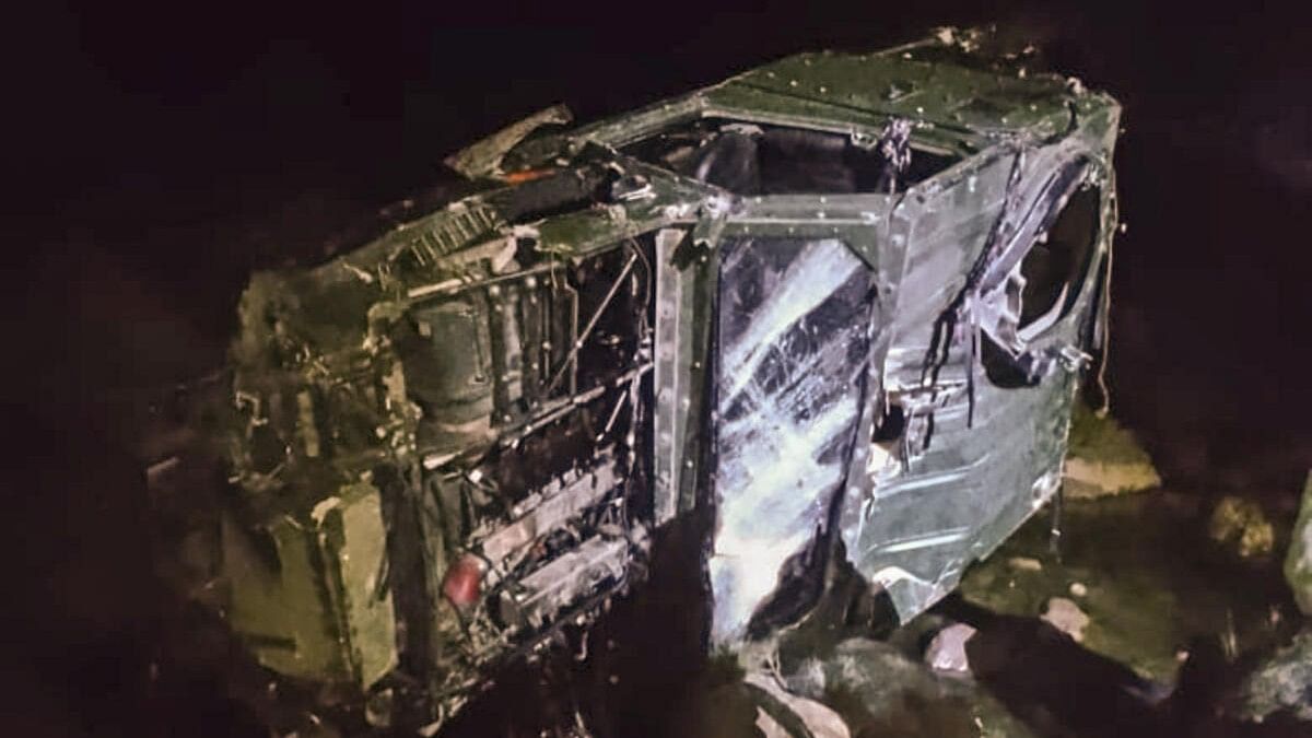 <div class="paragraphs"><p>Wreckage of the vehicle after it skidded off the road and plunged into a deep gorge in the Rajouri district of Jammu and Kashmir.</p></div>