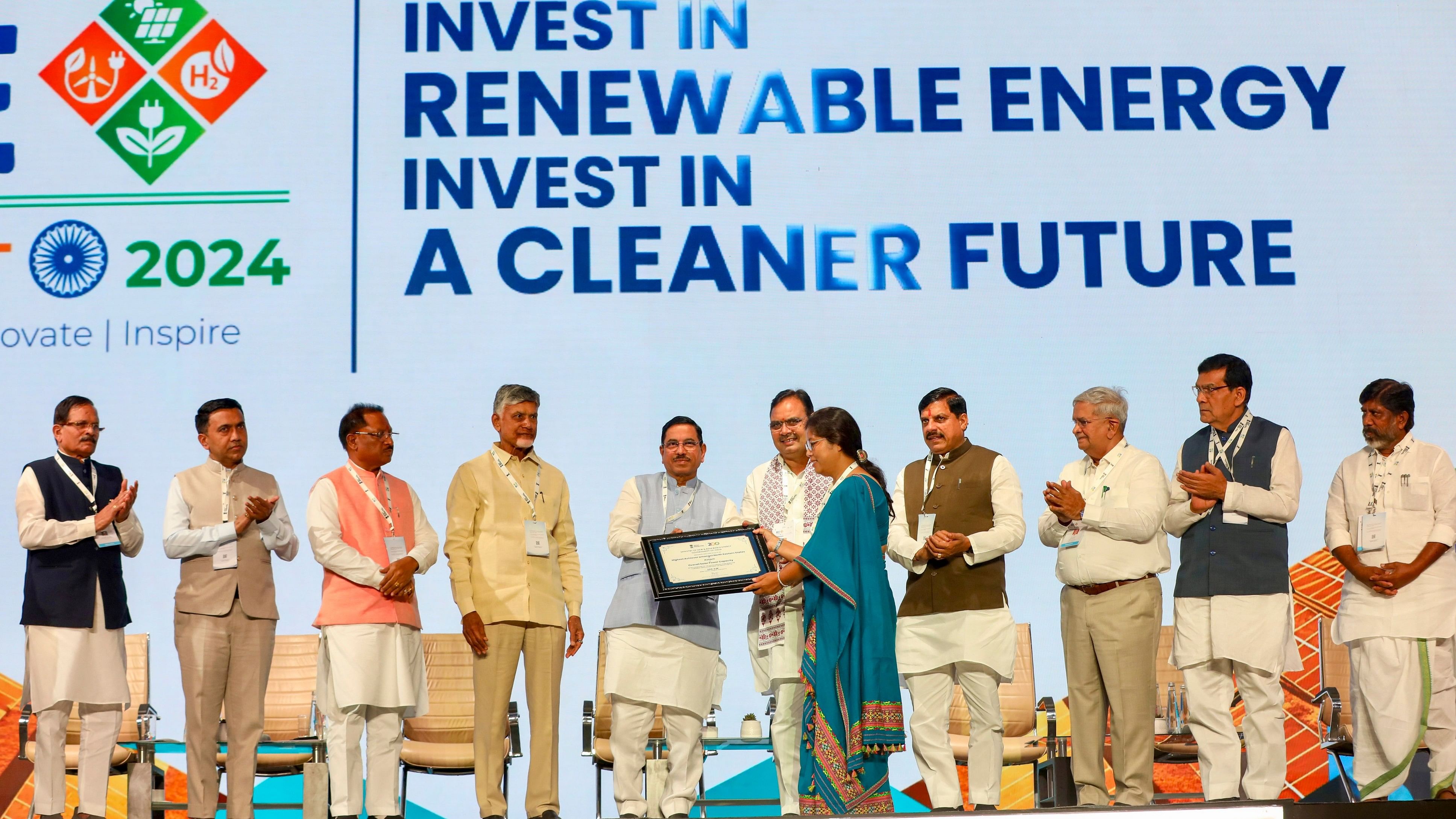 <div class="paragraphs"><p>Union Minister of New &amp; Renewable Energy Pralhad Joshi with Goa CM Pramod Sawant, Chhattisgarh CM Vishnu Deo Sai, Andhra Pradesh CM N. Chandrababu Naidu, Rajasthan CM Bhajanlal Sharma, Madhya Pradesh CM Mohan Yadav and other dignitaries during the 4th Global Renewable Energy Investors Meet and Expo (RE-INVEST 2024), in Gandhinagar.</p></div>