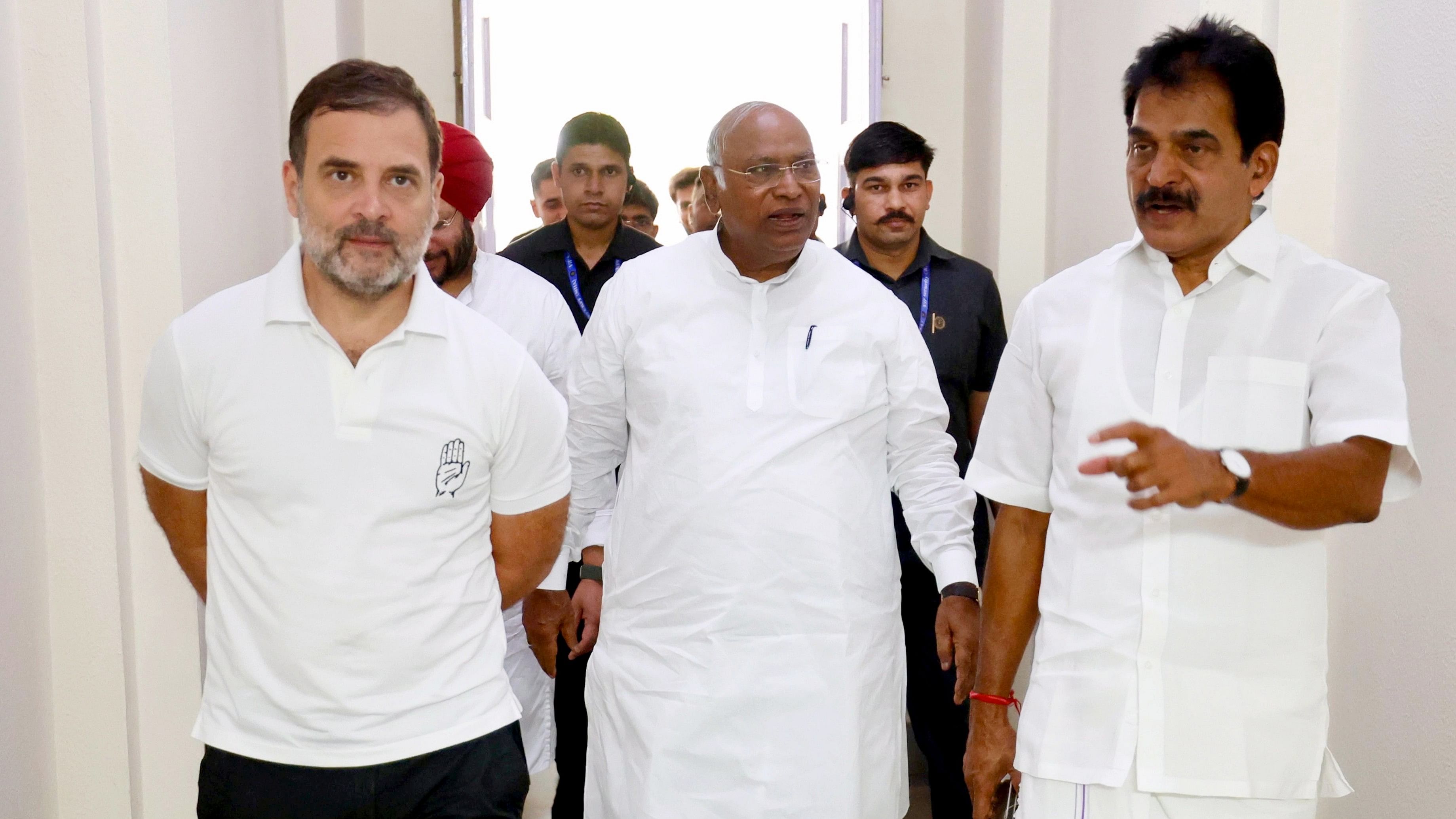 <div class="paragraphs"><p>Congress President Mallikarjun Kharge with party leaders Rahul Gandhi and KC Venugopal</p></div>