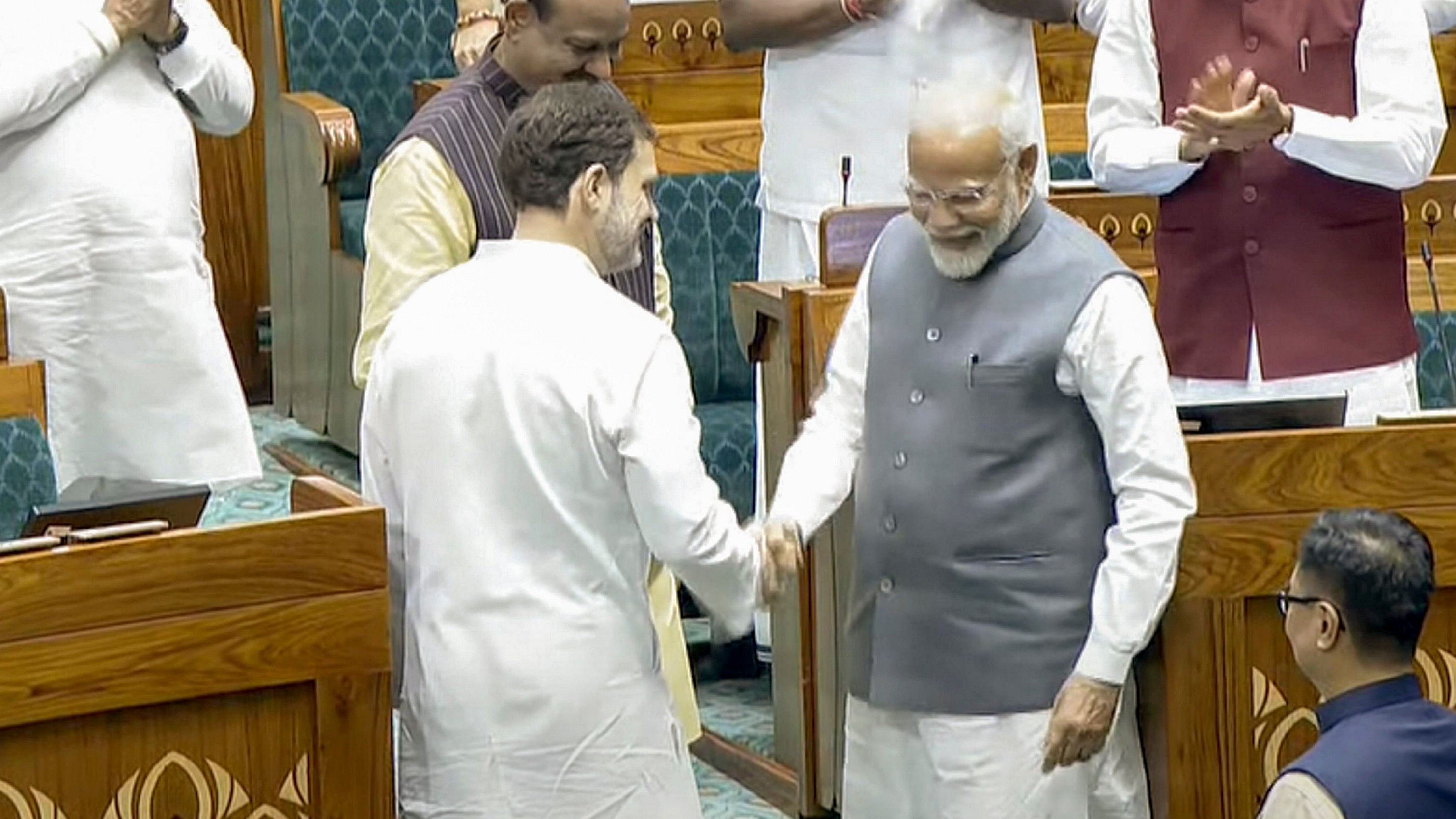 <div class="paragraphs"><p>File Photo of Prime Minister Narendra Modi and Leader of the Opposition Rahul Gandhi greeting each other in the Parliament.&nbsp;</p></div>