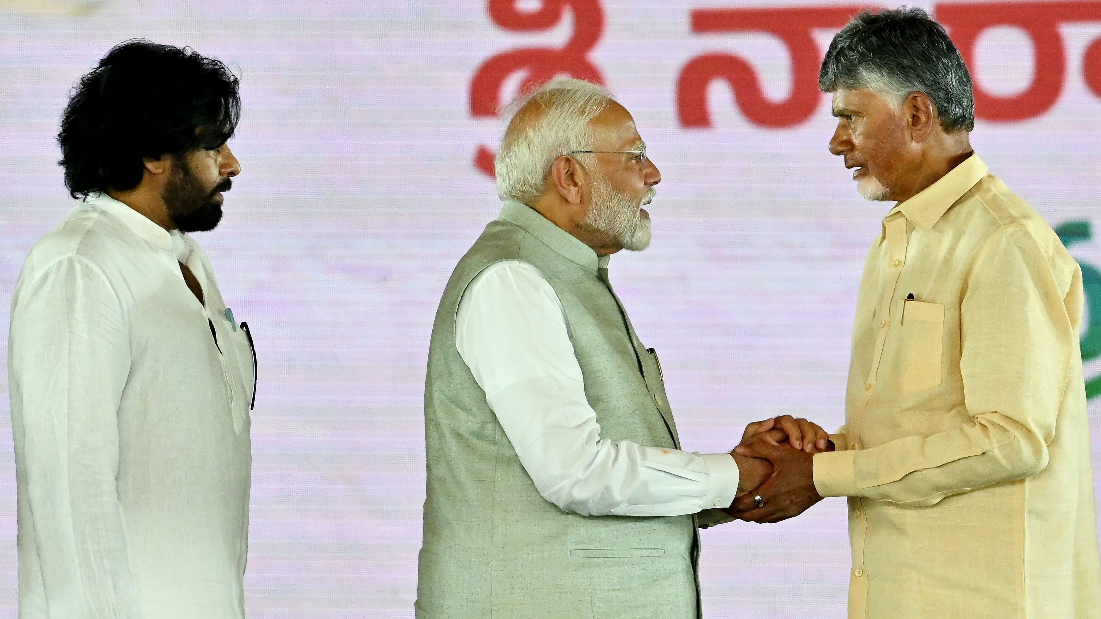 <div class="paragraphs"><p>Prime Minister Narendra Modi with Andhra Pradesh Chief Minister N Chandrababu Naidu and Jana Sena chief Pawan Kalyan.</p></div>