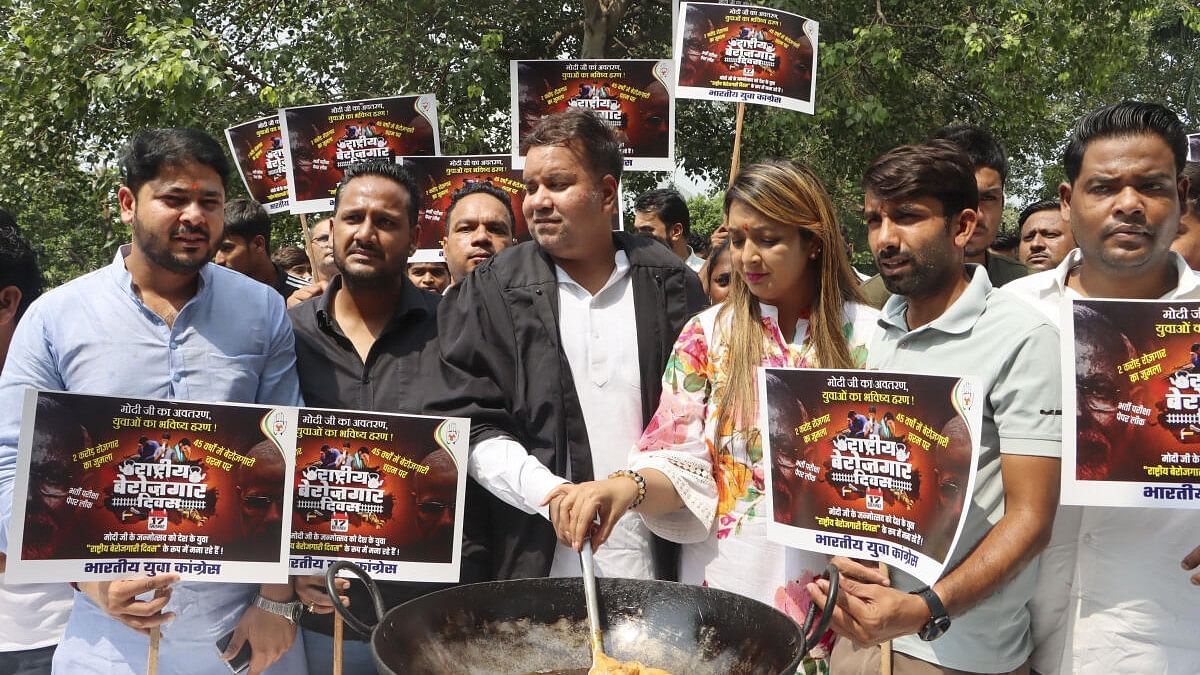 <div class="paragraphs"><p> Members of Indian Youth Congress stage a protest as they observe Prime Minister Modi's birthday as 'National Unemployment Day', in New Delhi.</p></div>