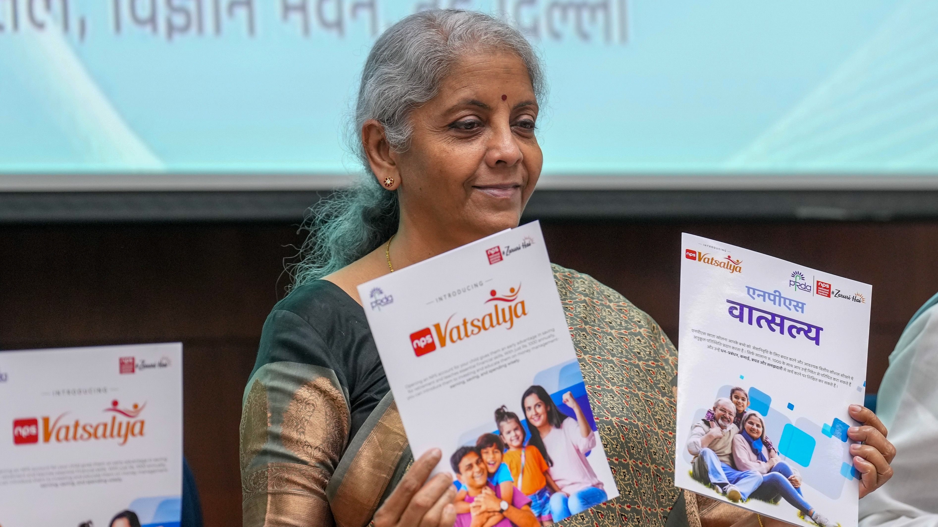 <div class="paragraphs"><p>Union Finance Minister Nirmala Sitharaman during the launch of NPS Vatsalya Scheme, in New Delhi, Wednesday.</p></div>