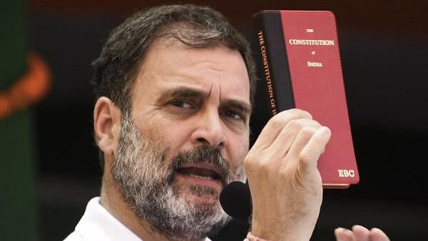 <div class="paragraphs"><p>Rahul Gandhi holding a copy of the Constitution</p></div>