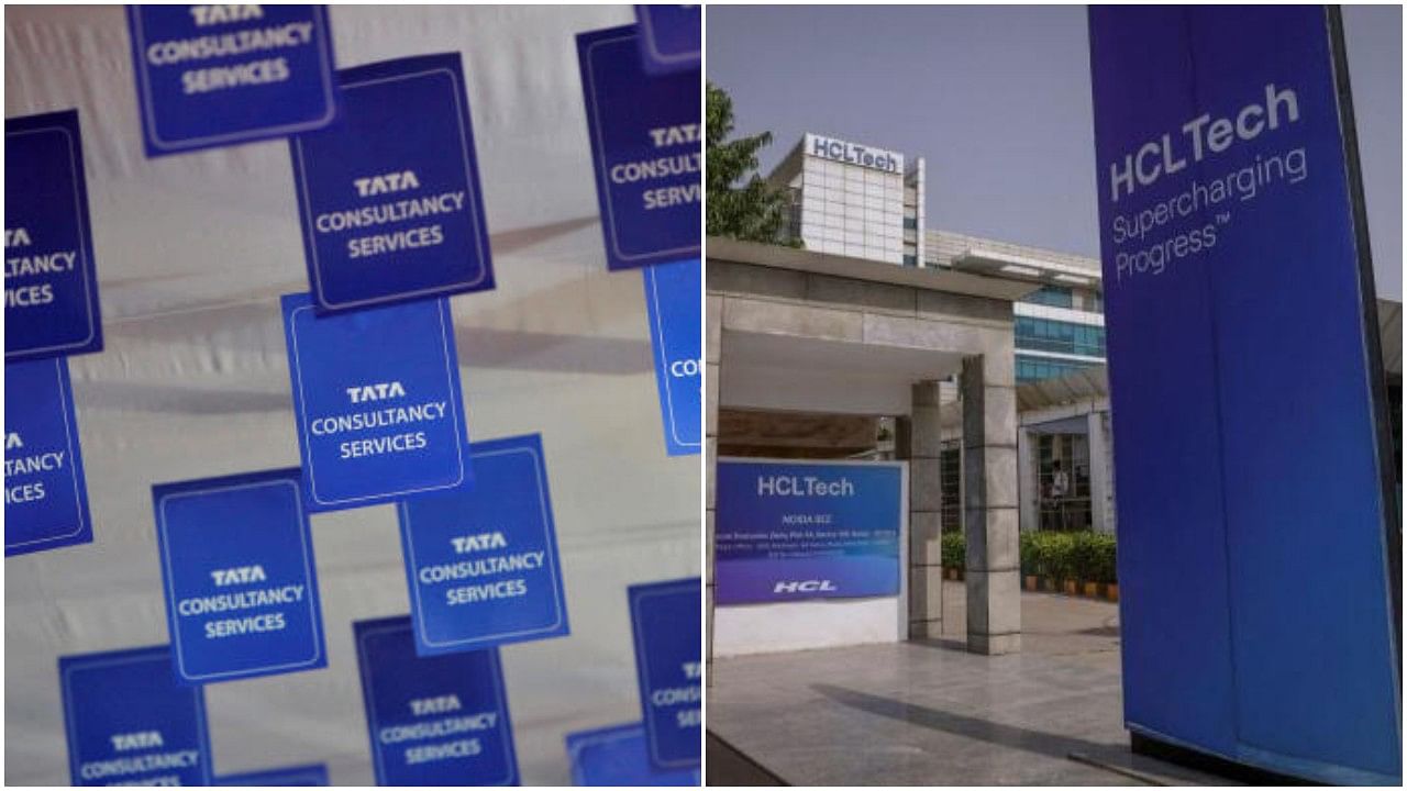 <div class="paragraphs"><p>Logos of TCS (Left); HCL Tech HQs in Noida (Right).</p></div>