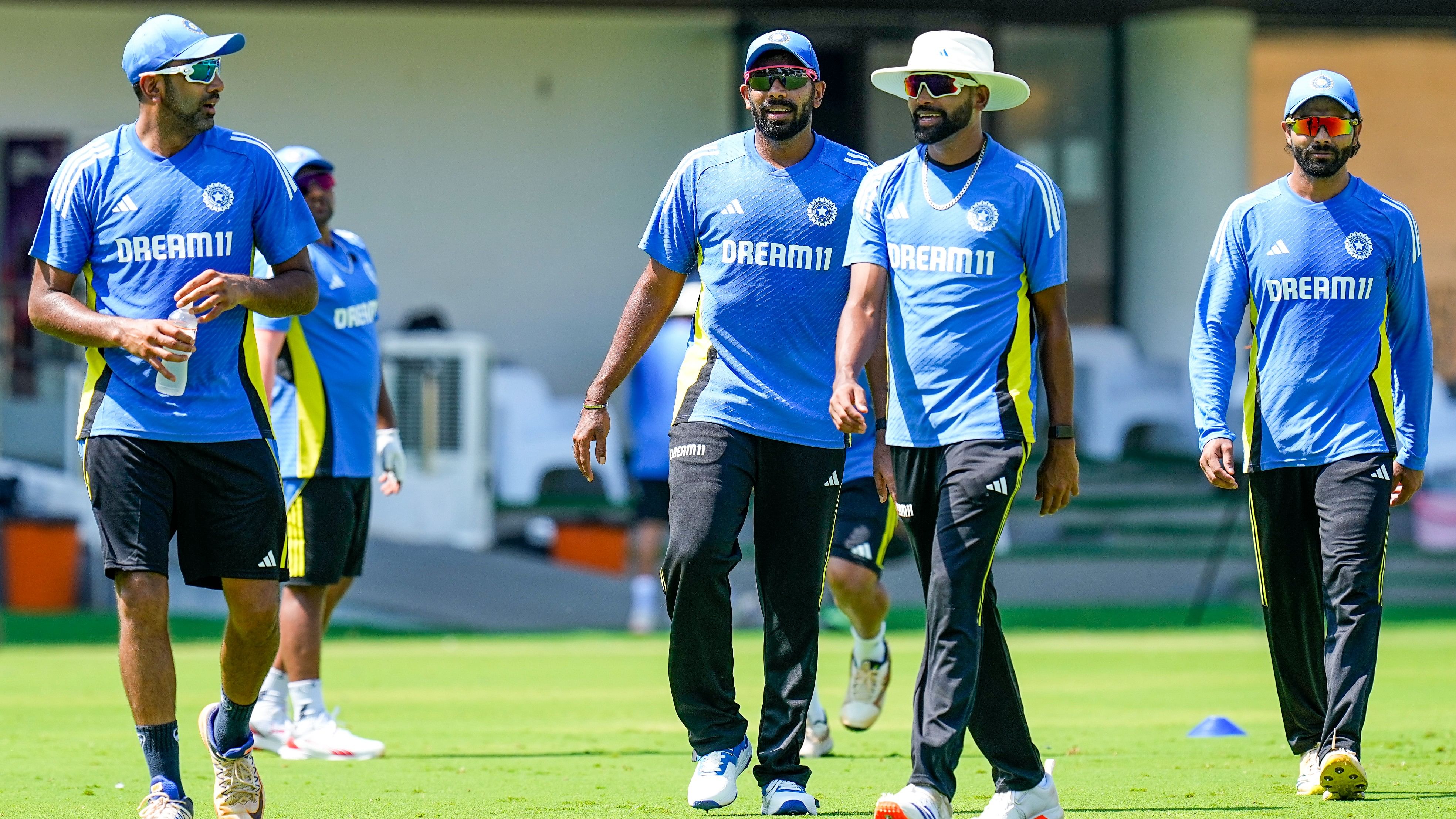 <div class="paragraphs"><p>Indian cricketers Ravichandran Ashwin, Jasprit Bumrah, Ravindra Jadeja and Mohammed Siraj during a training session.</p></div>