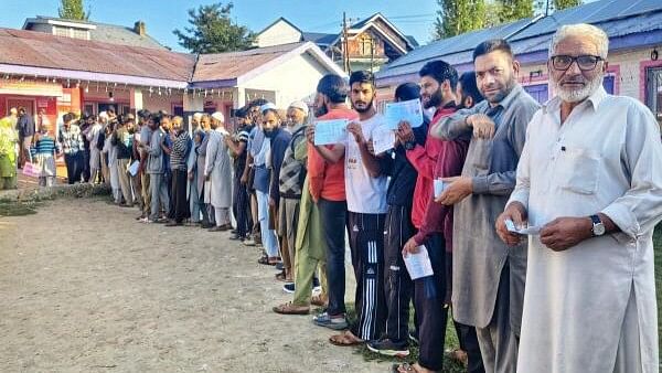 <div class="paragraphs"><p>Voters stand in a queue to cast their votes during the first phase of Jammu and Kashmir Assembly elections, in Pulwama district.</p></div>